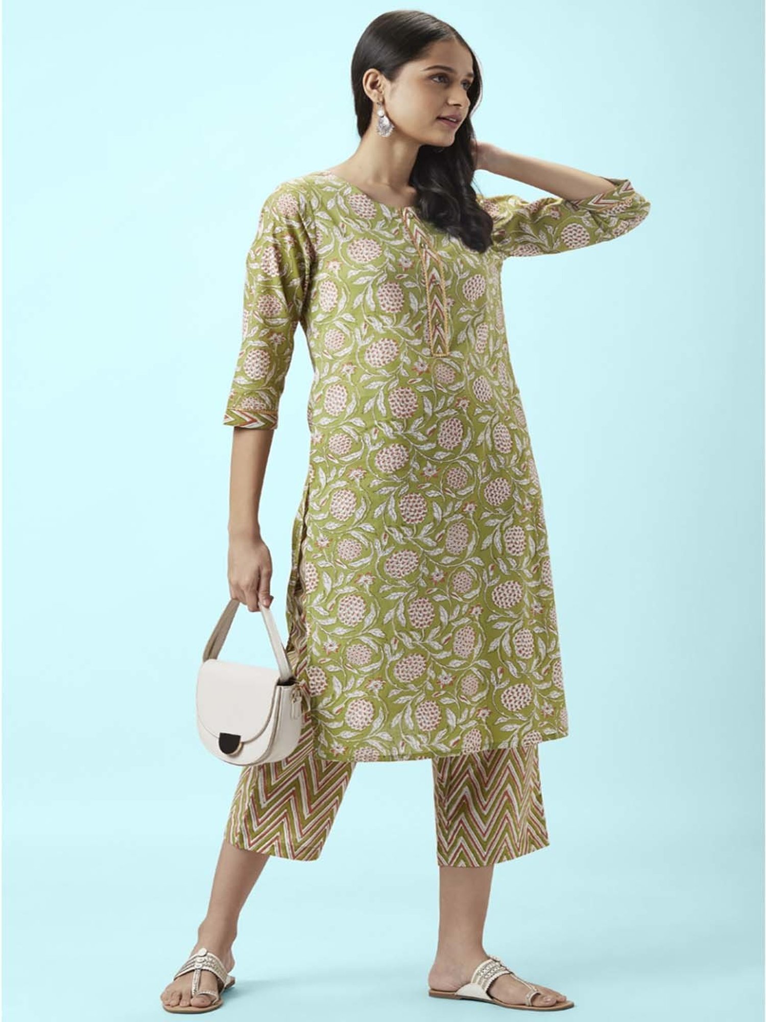 Rangmanch by Pantaloons Green Cotton Floral Print Kurta Palazzo Set
