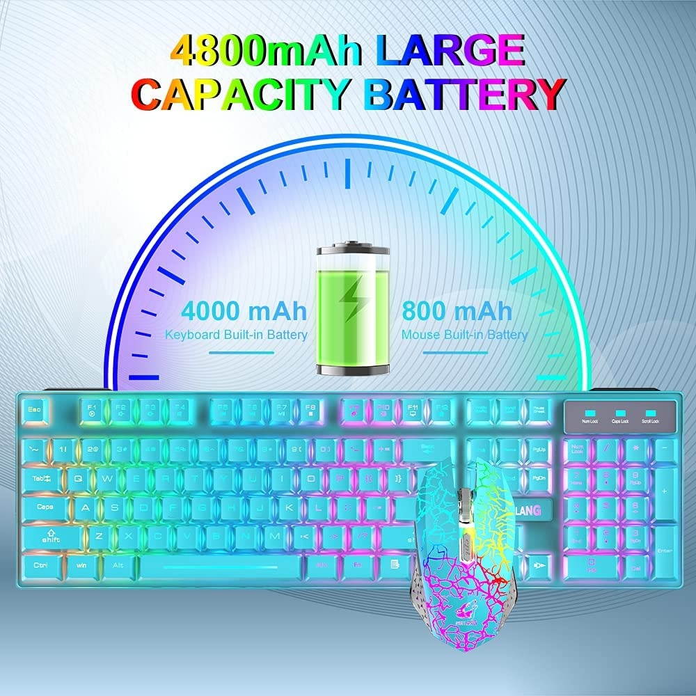Wireless Gaming Keyboard and Mouse Combo Ranibow LED Backlit Rechargeable 4000mAh Battery Mechanical Feeling Waterproof Dustproof 7 Color Backlit Mute Mice for Computer Mac Gamer (Blue & Ranibow)