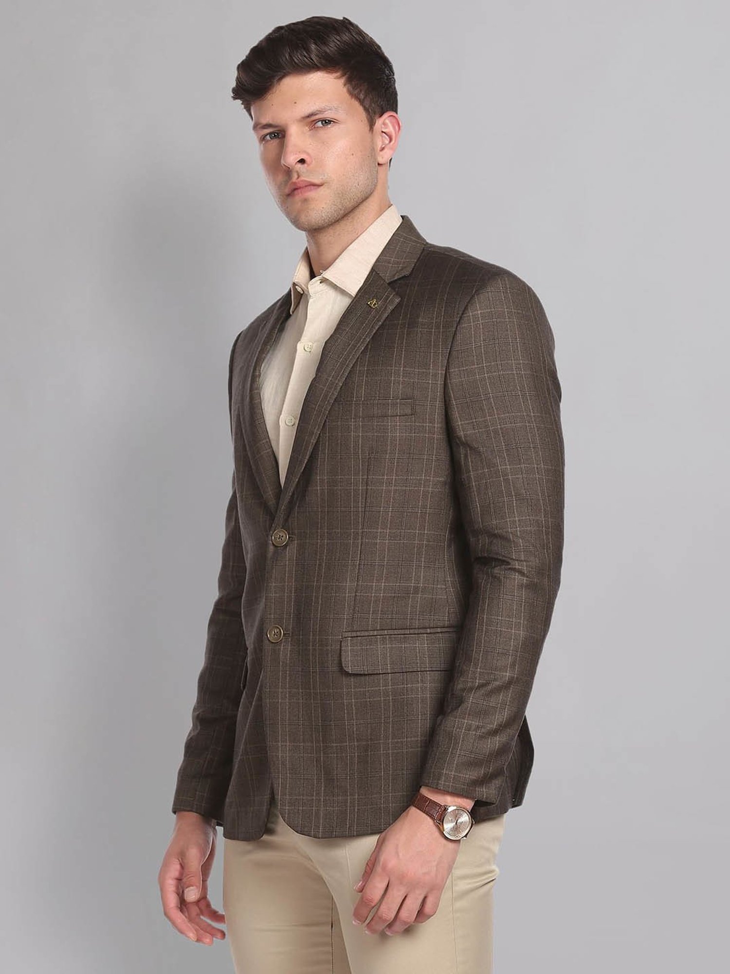 AD by Arvind Brown Regular Fit Check Blazer