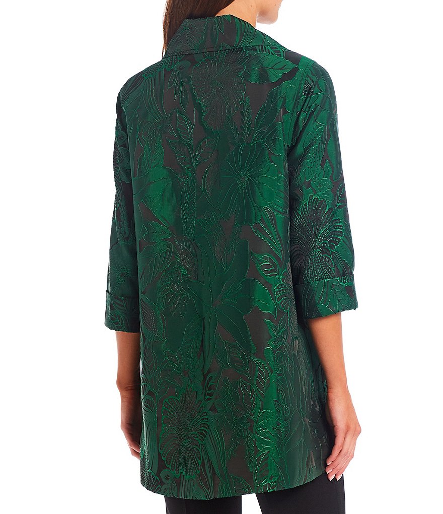 Caroline Rose Tropical Midnight Notch Collar Neck Cuff 3/4 Bracelet Sleeve Jacquard Party Jacket