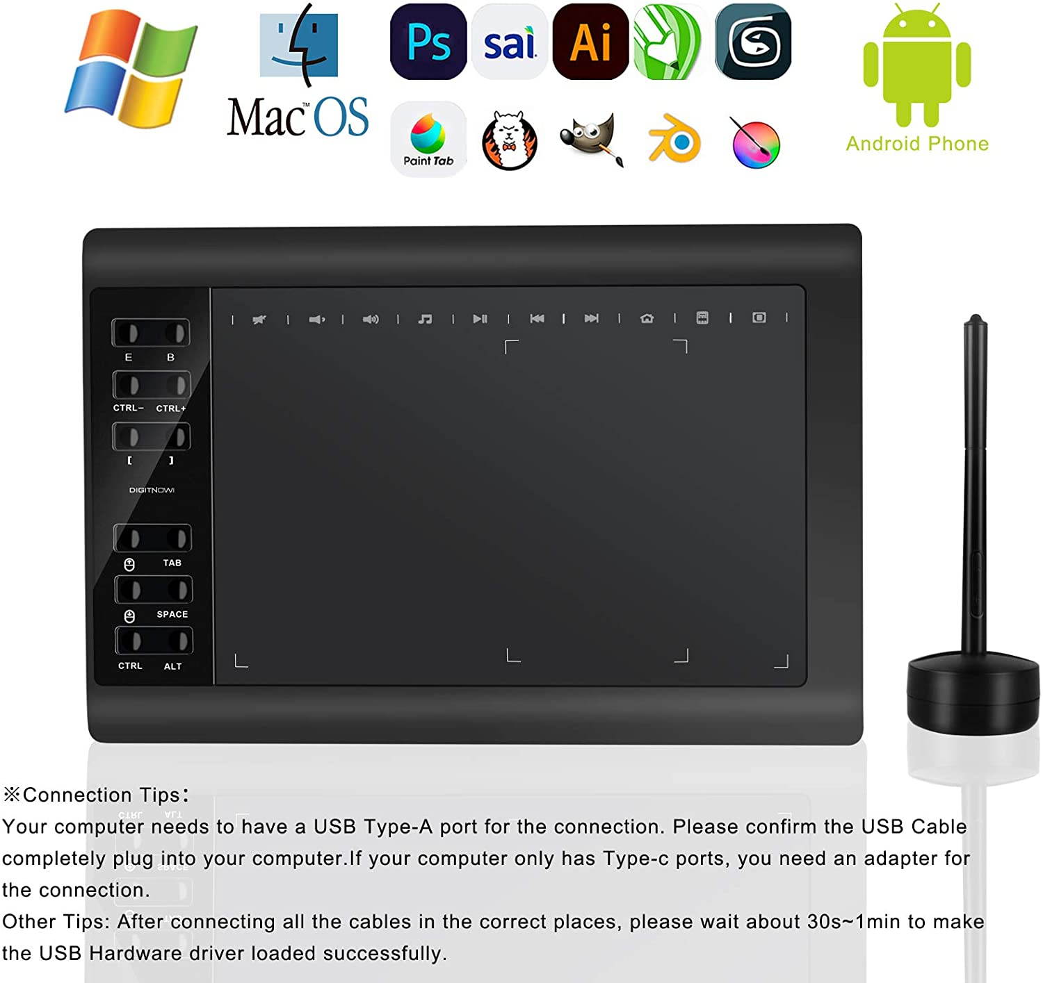 DIGITNOW Digital Graphics Drawing Tablets,10 x 6.25 Inch Ultrathin Computer Drawing Pen Display Tablet with Battery-Free Stylus & 12 Shortcut Keys (8192 Levels Pressure Sensitive)