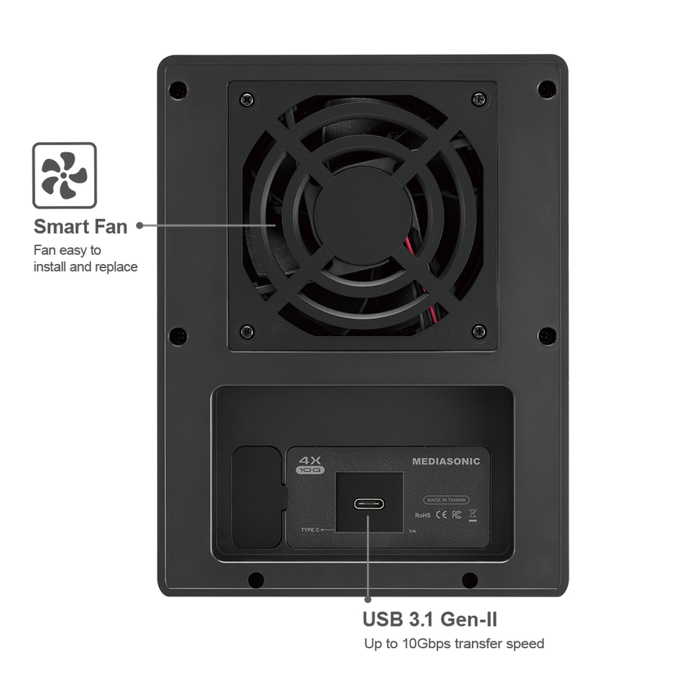 Mediasonic Raid USB 3.1 Type C 4 Bay 3.5&rdquo; SATA Hard Drive Enclosure with USB 3.1 Hub Feature &ndash; USB 3.1 Gen 2 10Gbps (HFR7-SU31CH)