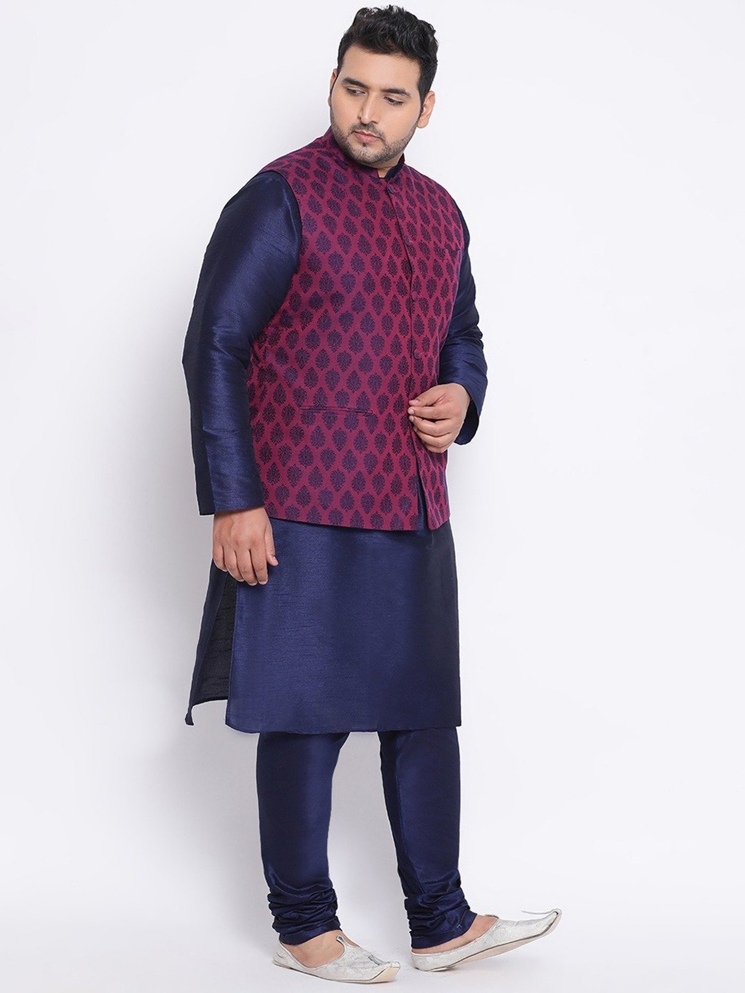 KISAH PLUS Navy & Purple Regular Fit Printed Kurta Set With Jacket