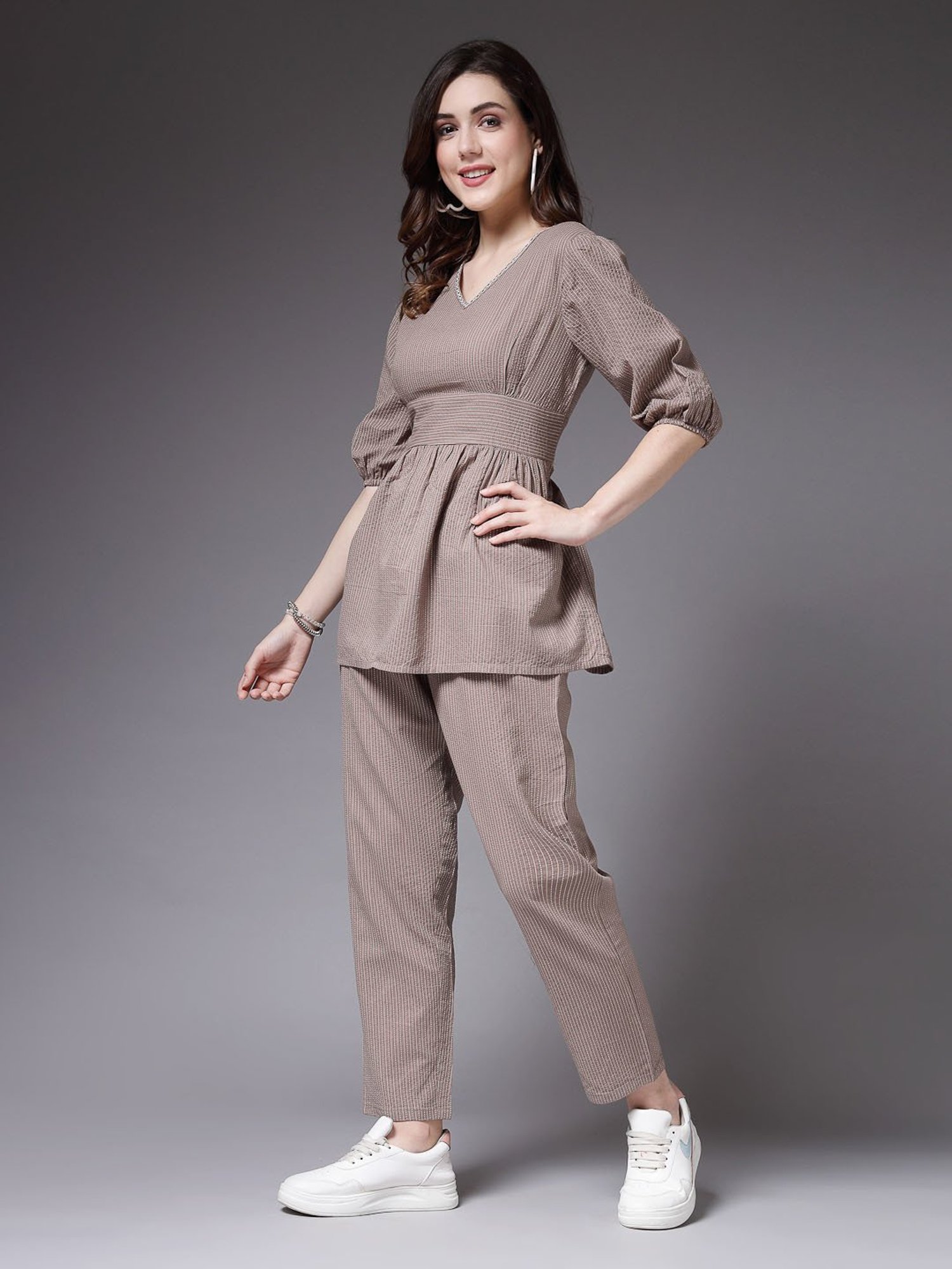 Stylum Beige Cotton Embroidered Top & Pant Set