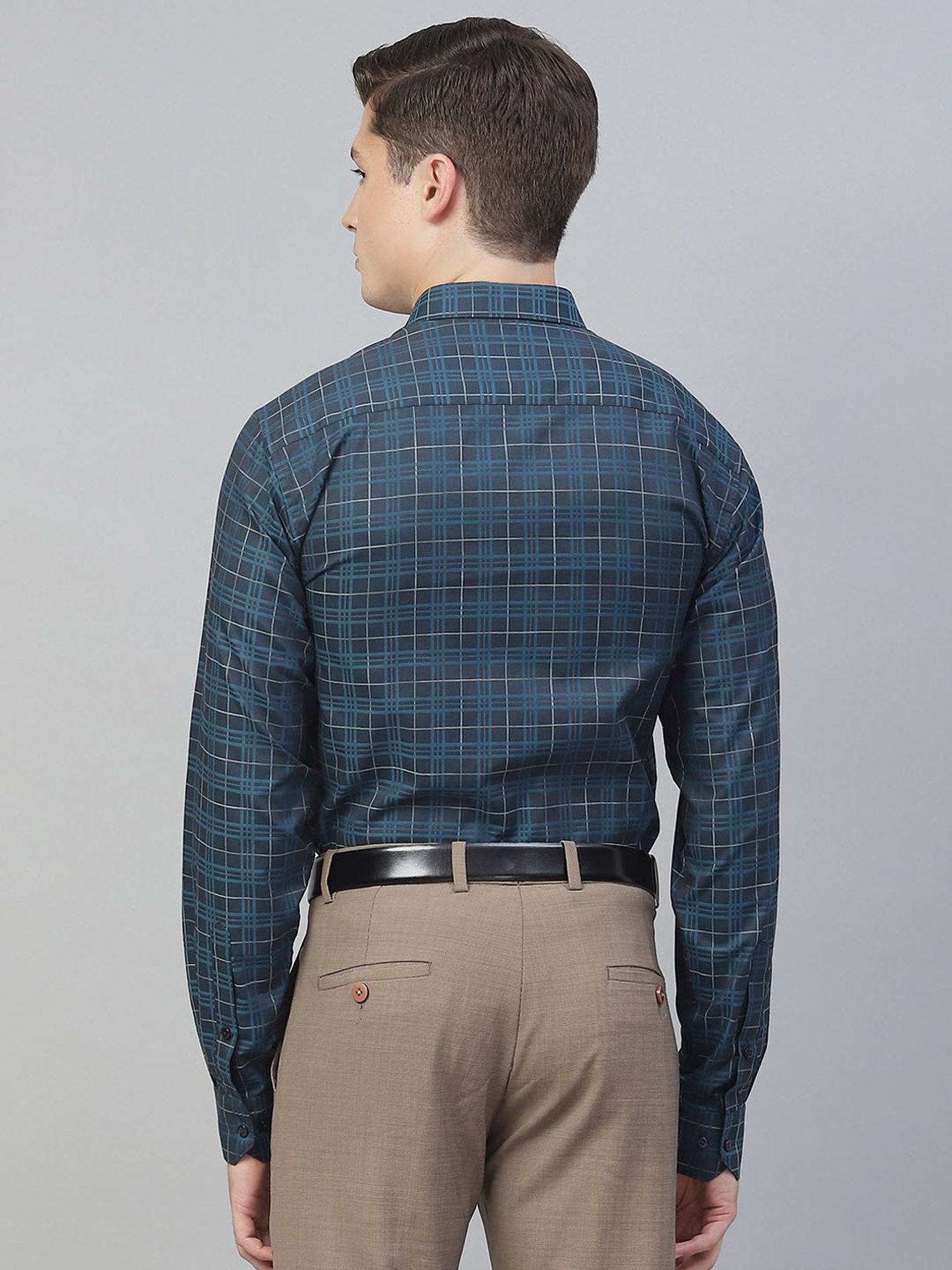 ManQ Teal Cotton Regular Fit Checks Shirt