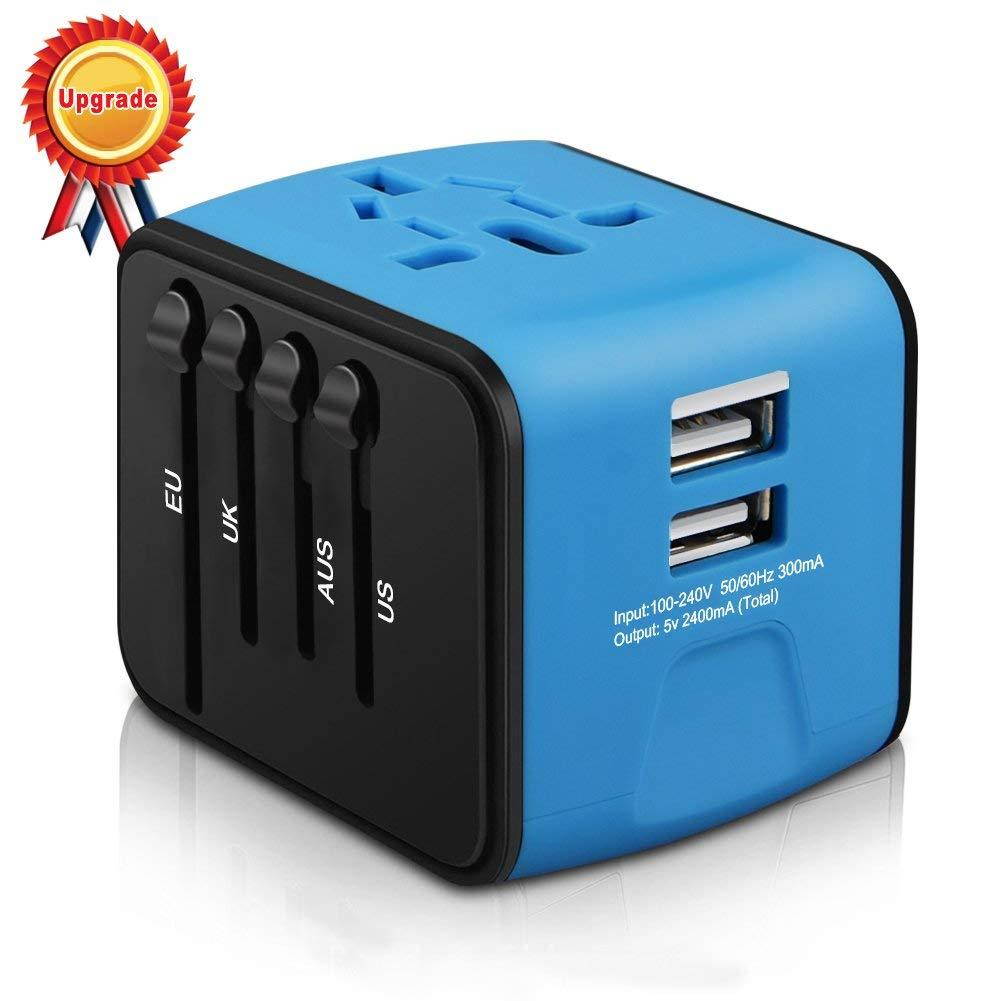 Universal Travel Adapter, HAOZI All-in-one International Power Adapter with 2.4A Dual USB, European Adapter Travel Power Adapter Wall Charger for UK, EU, AU, Asia Covers 150+Countries (Blue)