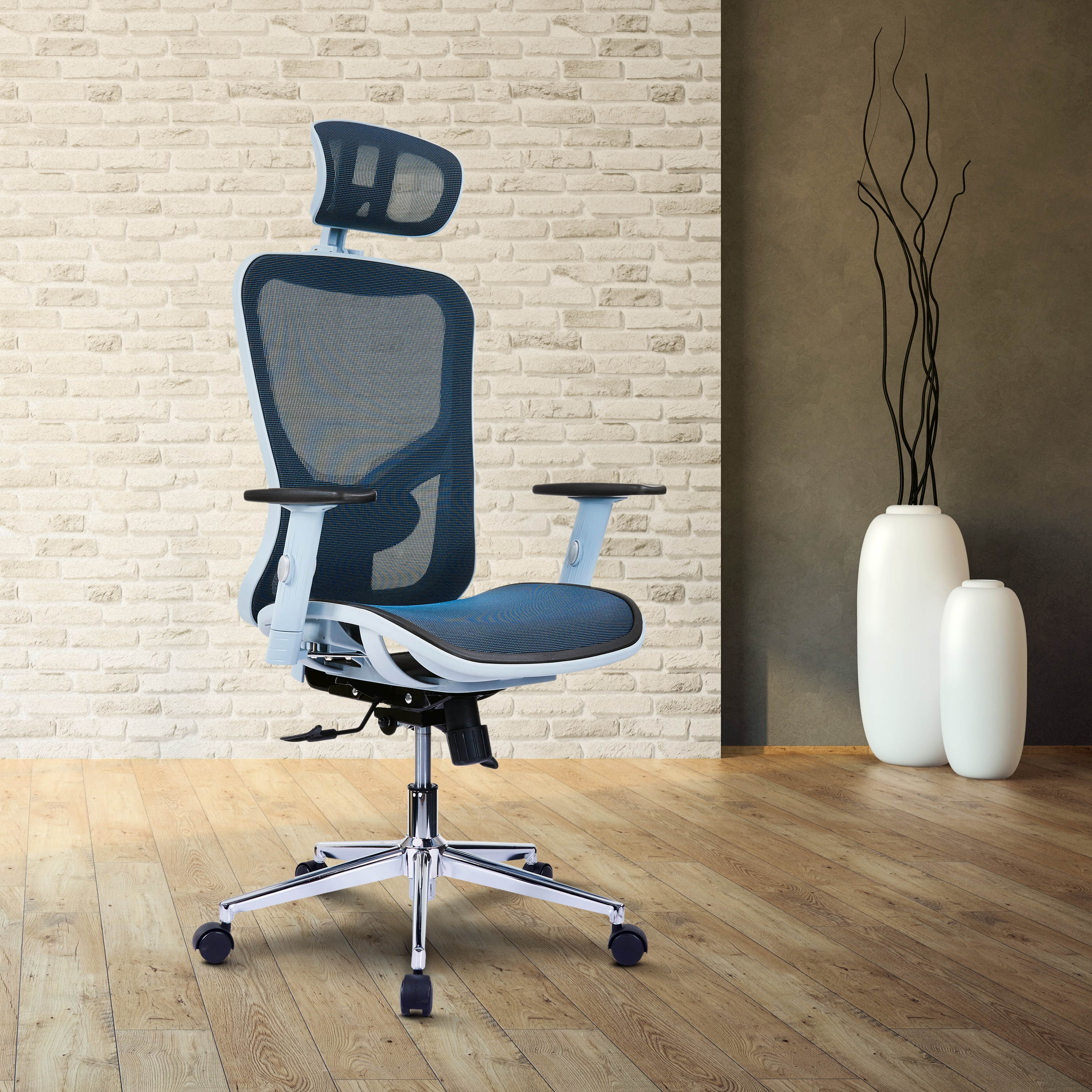 The Techni Mobili High Back Executive Mesh Office Chair with Arms, Headrest and Lumbar Support, Blue