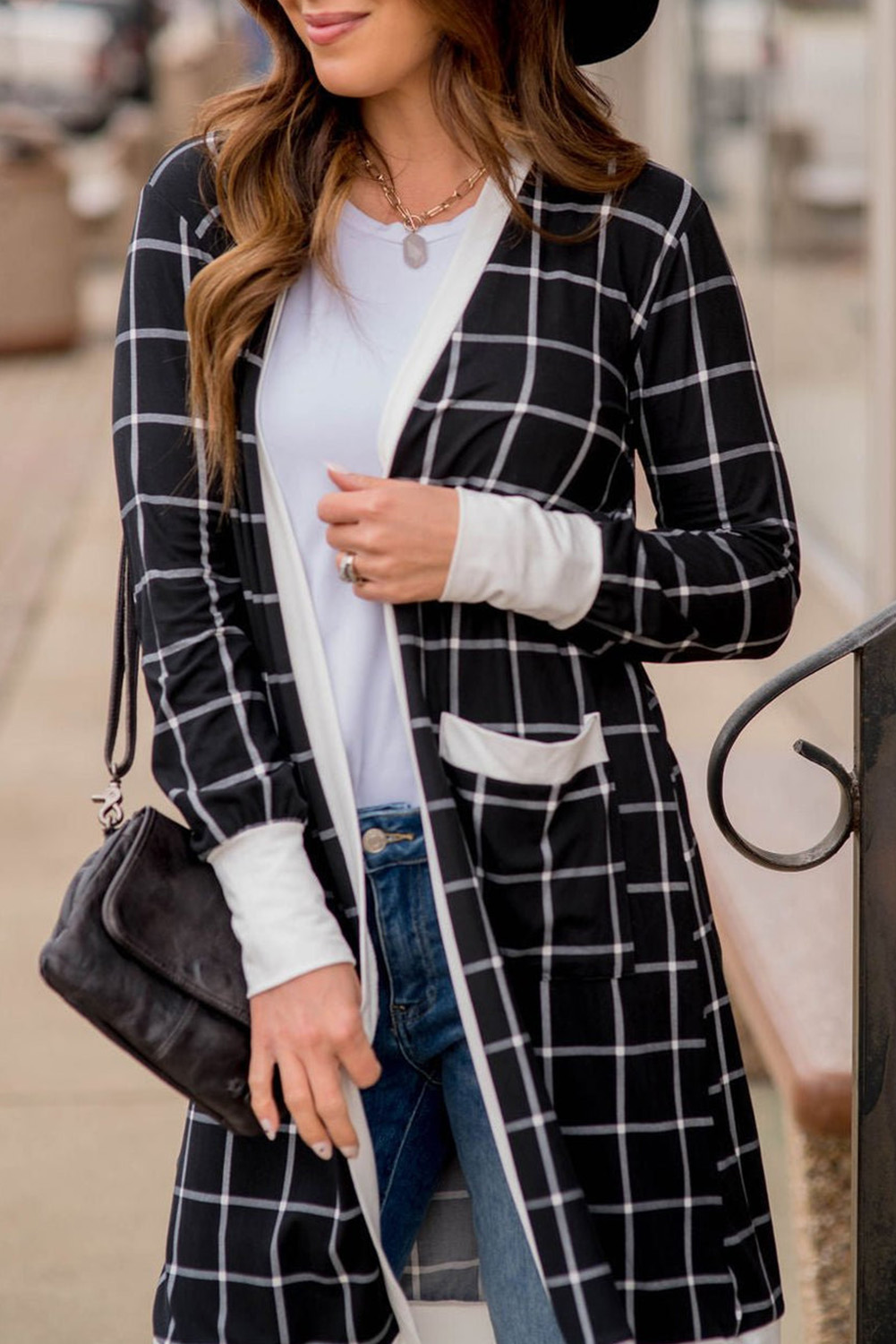 Black Plaid Casual Contrast Trim Knit Cardigan