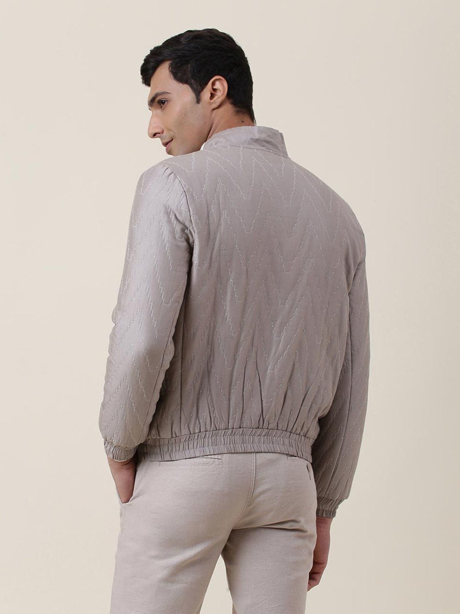 Fabindia Grey Straight Fit Quilted Bomber Jacket