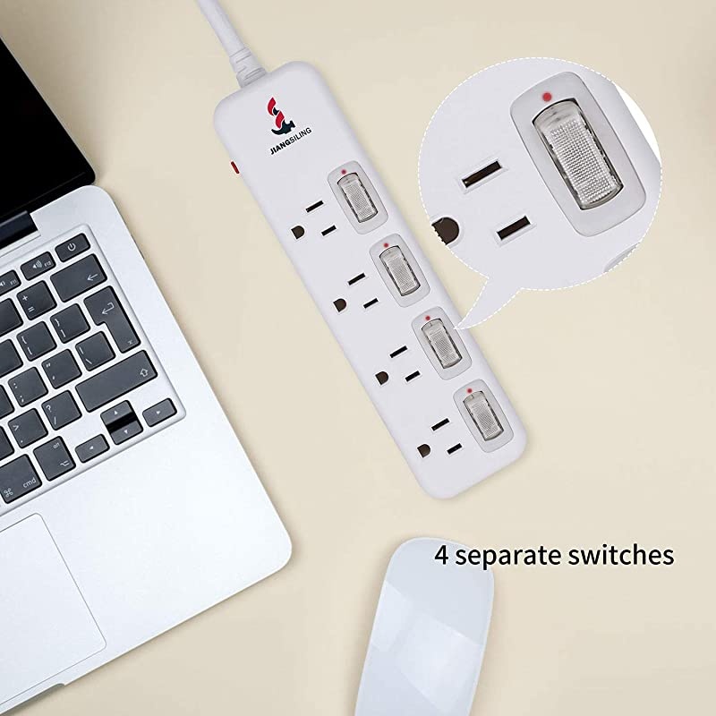 Protector Power Strip 6 ft Long Extension Cord 4 Independent switches 125V15A Hanging Hole SGS CertificationWhite