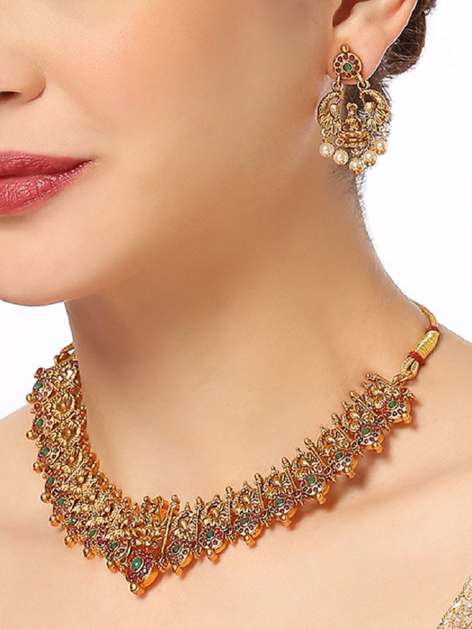 OOMPH Antique Gold Tone Red & Green Stone & Beads Choker Necklace Set for Women