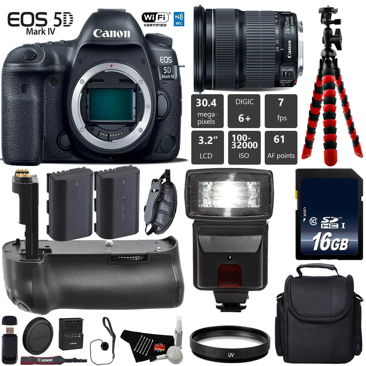 Canon EOS 5D Mark IV DSLR Camera with 24-105mm is STM Lens + Tripod + Battery Grip + UV Protection Filter + Flash + Extra Battery + Case + Wrist Strap + Card Reader - Intl Model