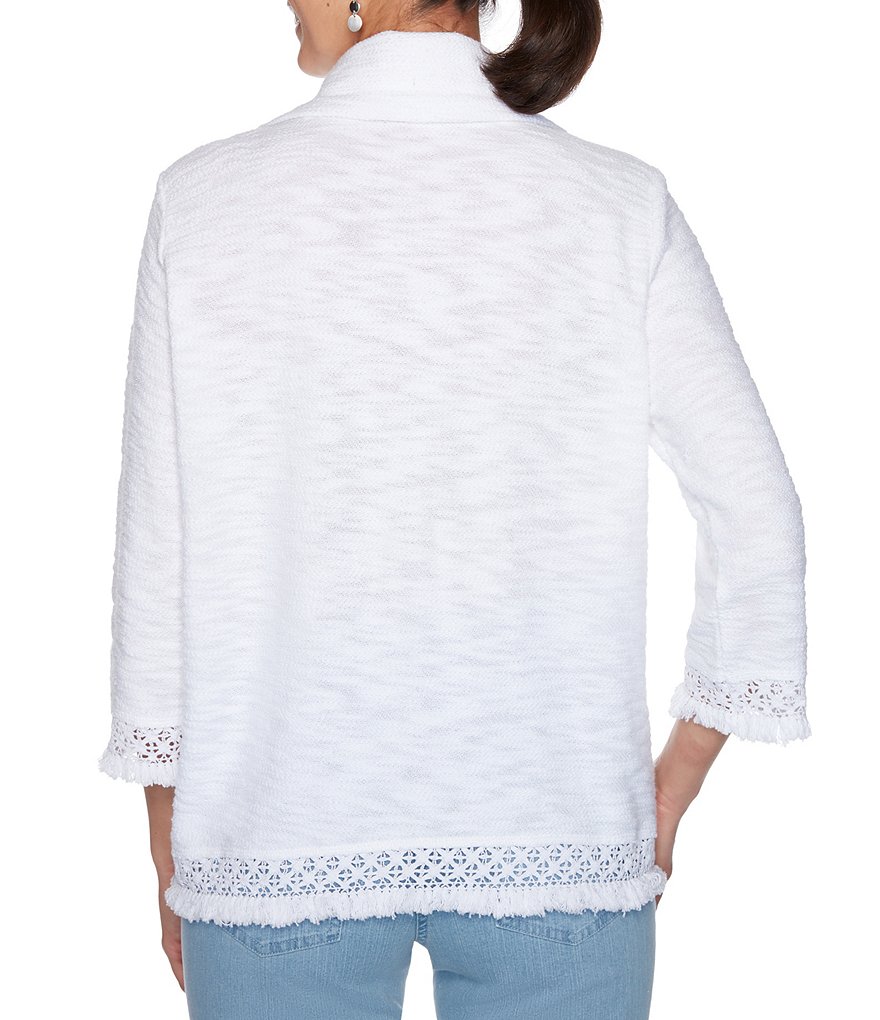 Ruby Rd. Petite Size Textured Solid Slub Knit Fringe Trim 3/4 Sleeve Zip Front Jacket