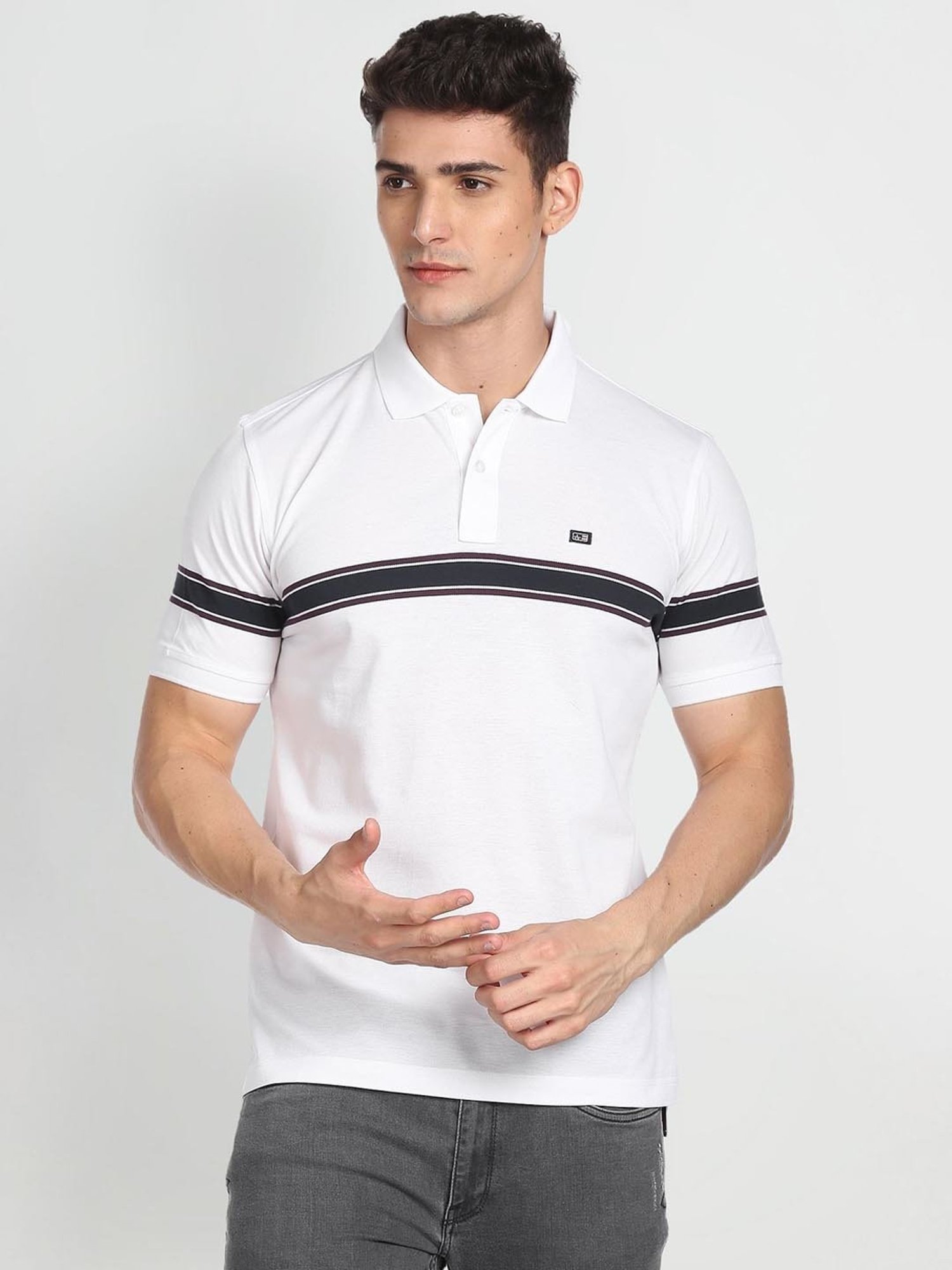 Arrow Sport White Cotton Regular Fit Striped Polo T-Shirt
