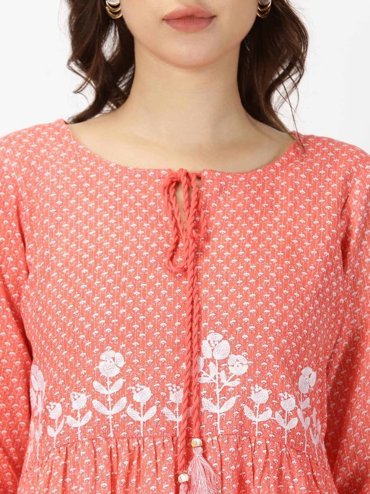 Saffron Threads Coral Cotton Floral Print Ethnic Dress