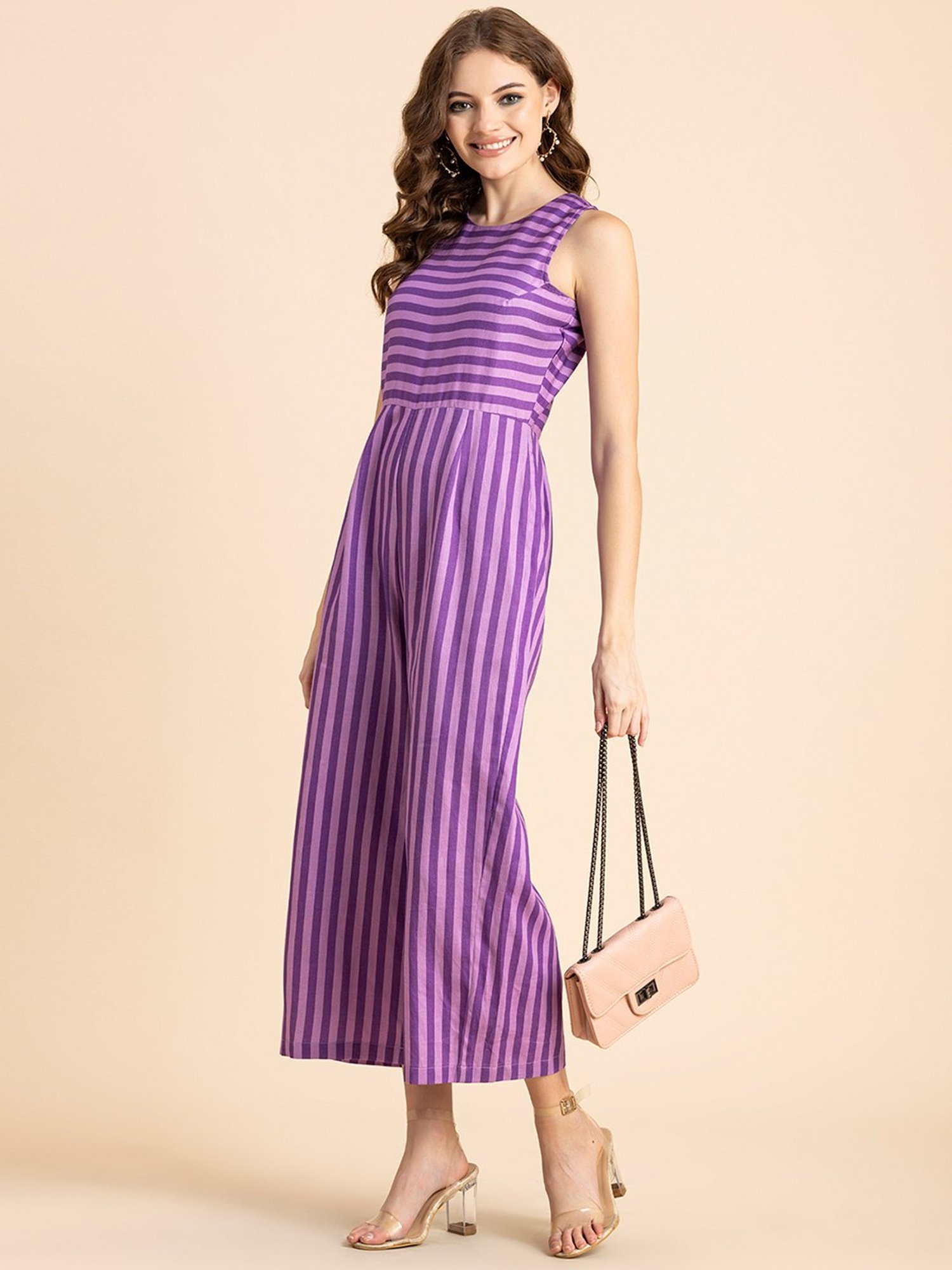 Moomaya Purple Cotton Blend Striped Jumpsuit