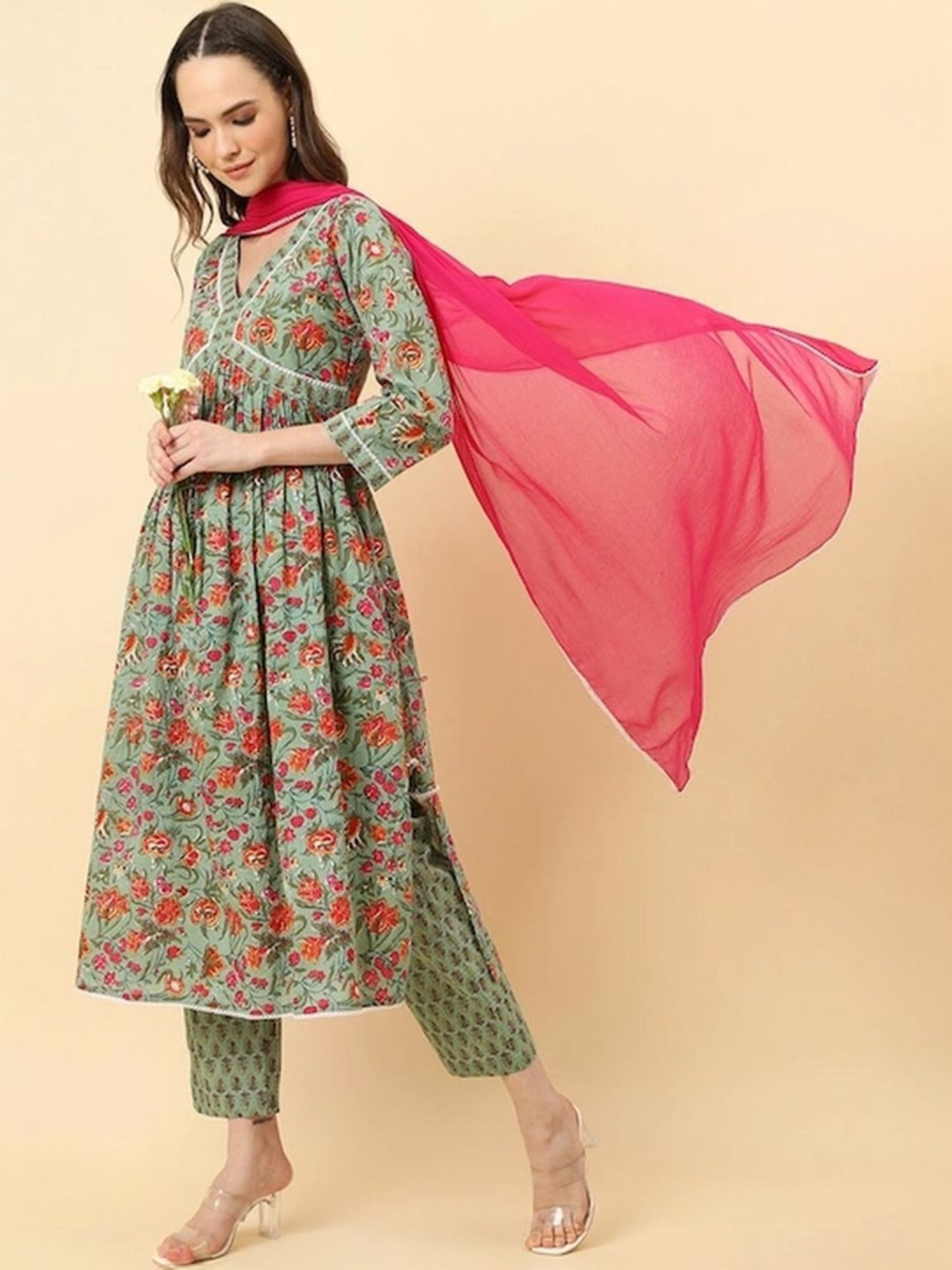 Varanga Green Cotton Floral Print Kurta Pant Set With Dupatta