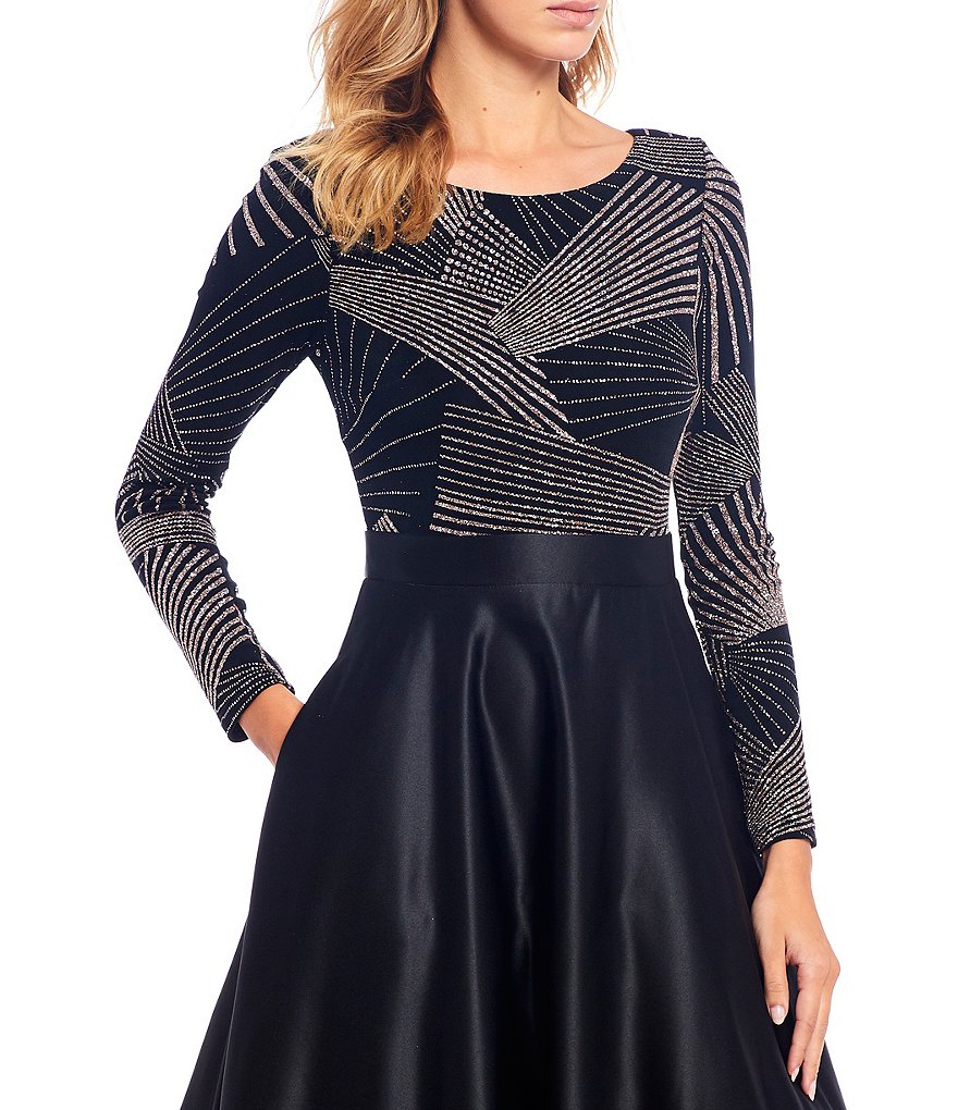 Betsy & Adam Beaded Bodice Long Sleeve Ball Gown