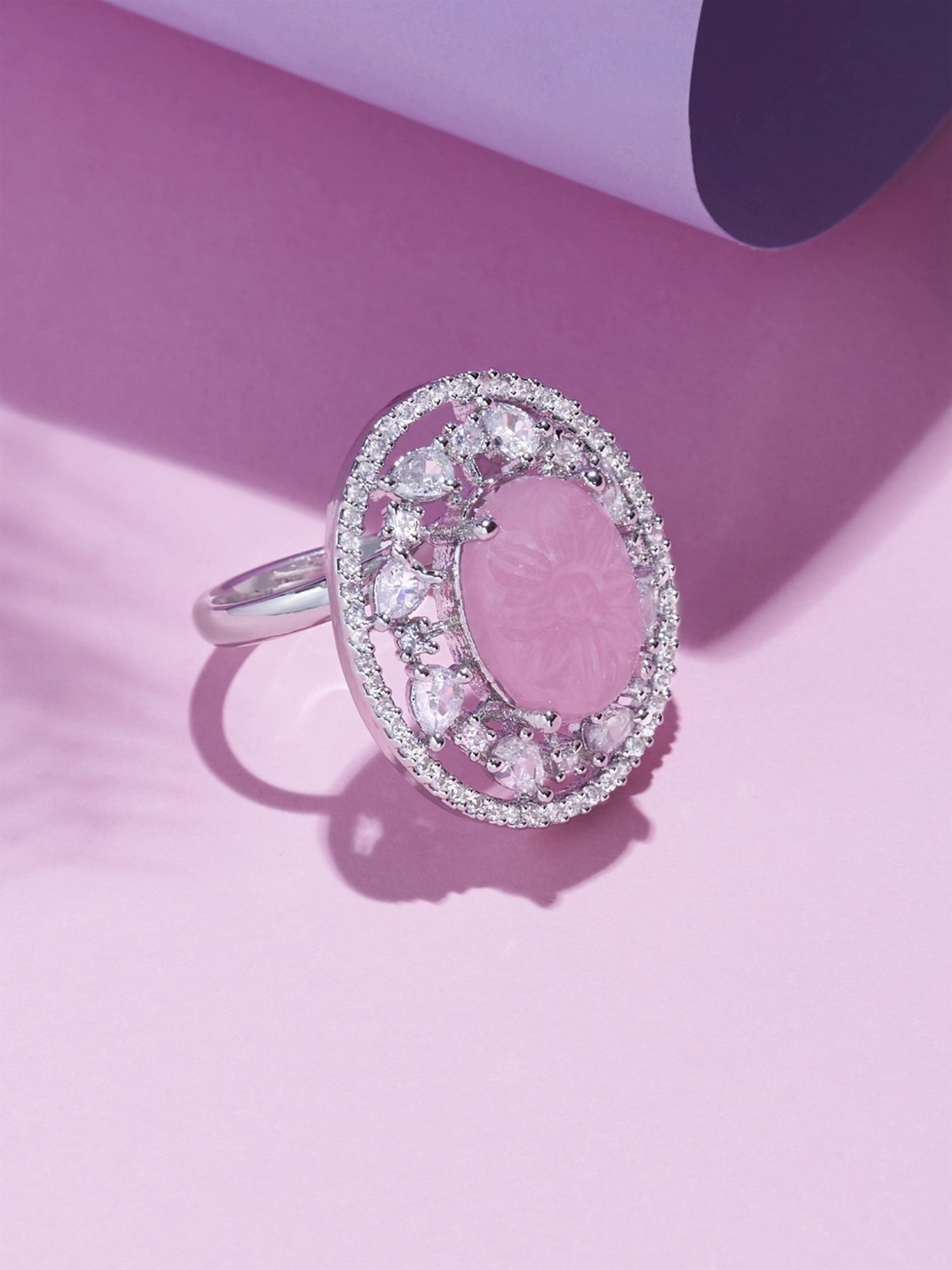 Zaveri Pearls Pink Stone & Dazzling Cubic Zirconia Embellished Brass Contemporary Ring-ZPFK15829