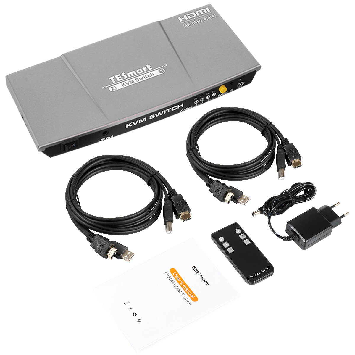 TESmart 2x1 HDMI KVM Switch 4K 3840x2160@60Hz 4:4:4 USB 2.0 2Pcs 5ft KVM Cables Control of 2 Computers/Servers/DVR (BLACK) EU Standard Plug
