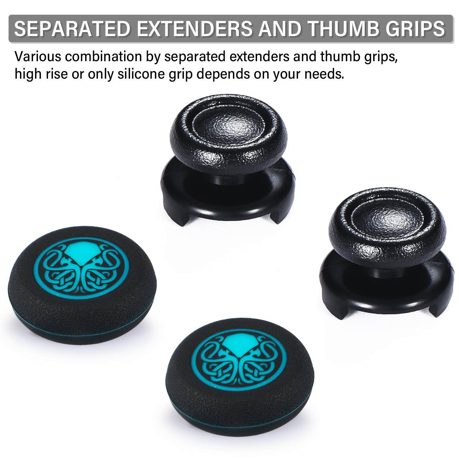 FPS Thumbstick Extender & Printing Rubber Silicone Grip Cover 2 Sets for PS5 Dualsenese & PS4 Controller (Cthulhu Abyss Blue)