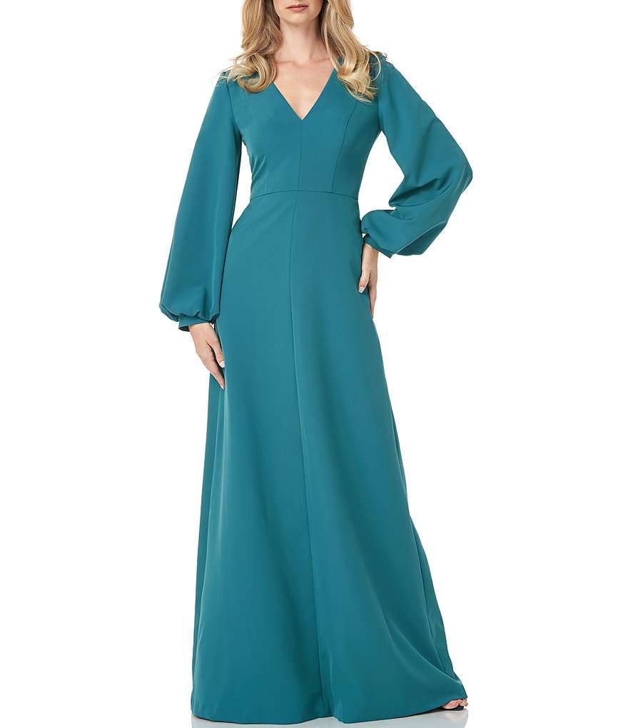Jkara Chiffon Popover Beaded V-Neck 3/4 Capelet Sleeve Gown