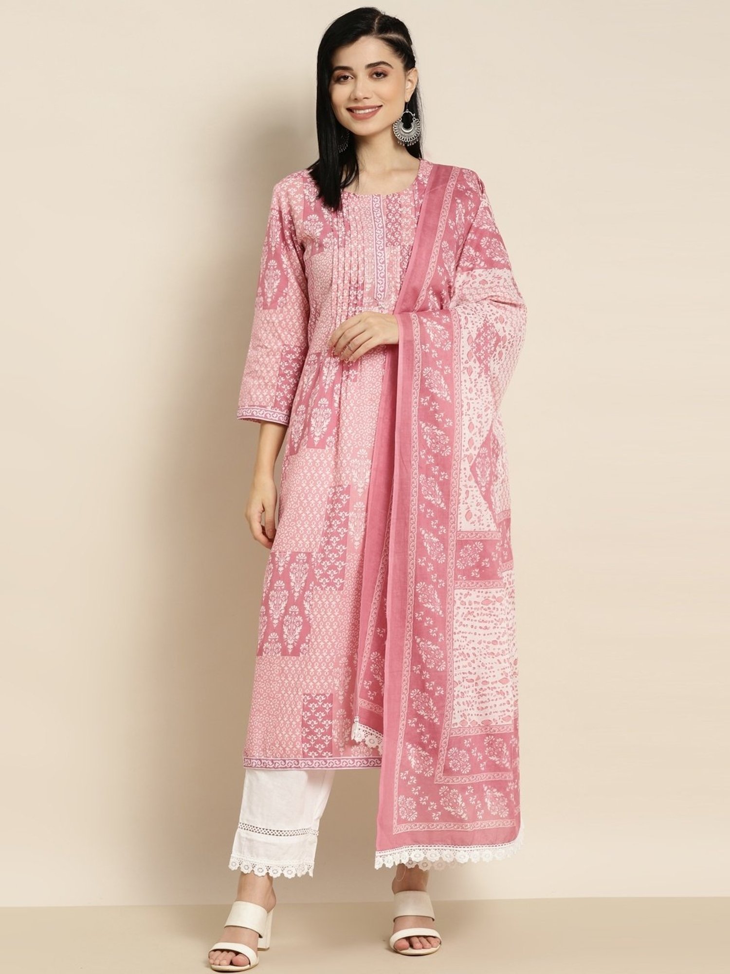 Rain and Rainbow Pink & White Cotton Printed Kurta Pant Set With Dupatta
