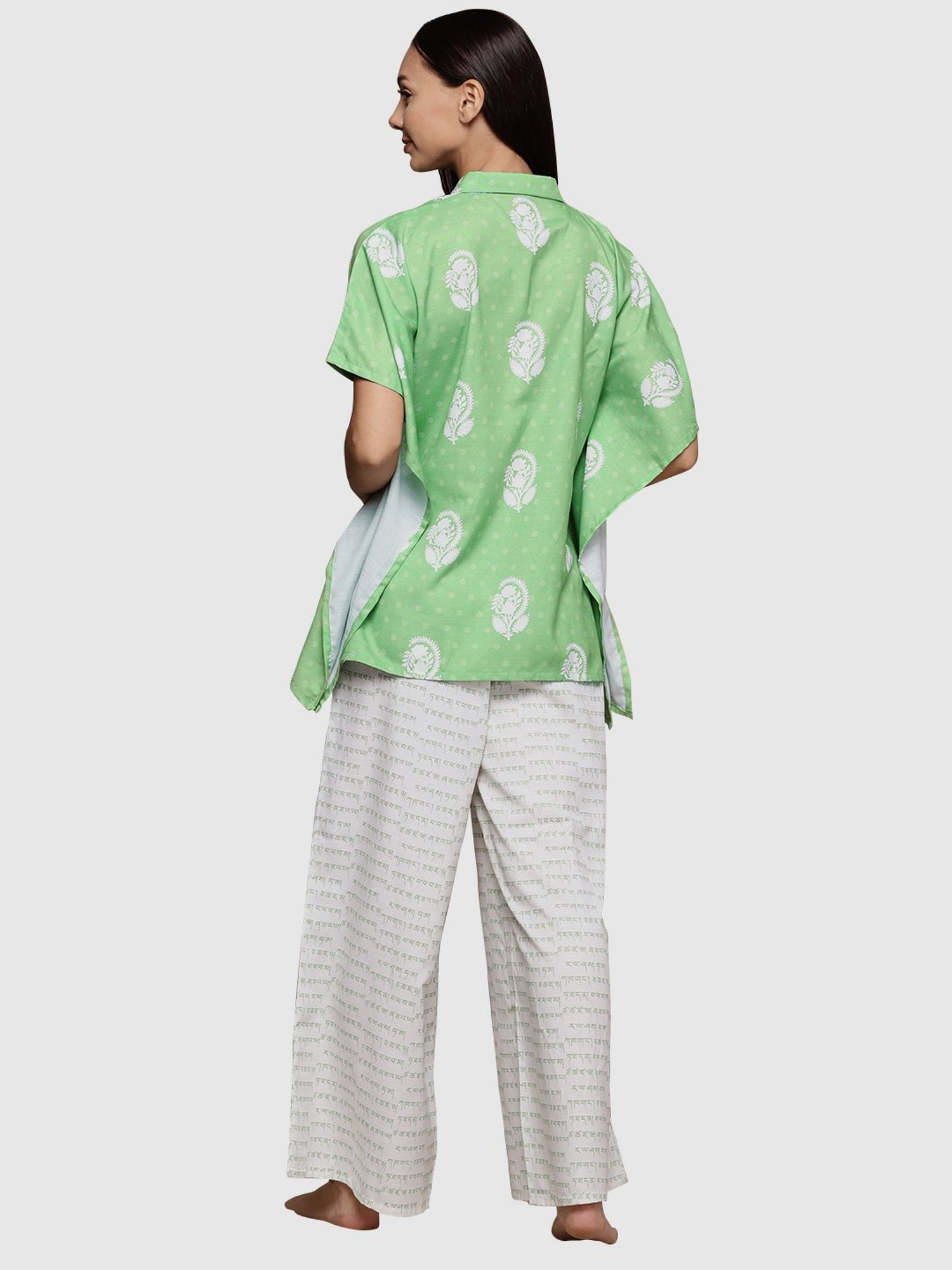 Ziyaa Green & White Printed Kaftan Pyjama Set