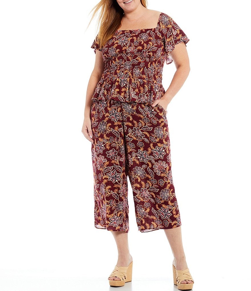 Jessica Simpson Plus Size Marie Red Dahlia Moroccan Print Square Neck Flutter Short Sleeve Smocked Top