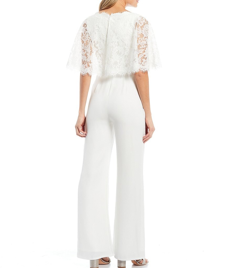 Tadashi Shoji Deep V-Neck Lace Caplet Bridal Jumpsuit