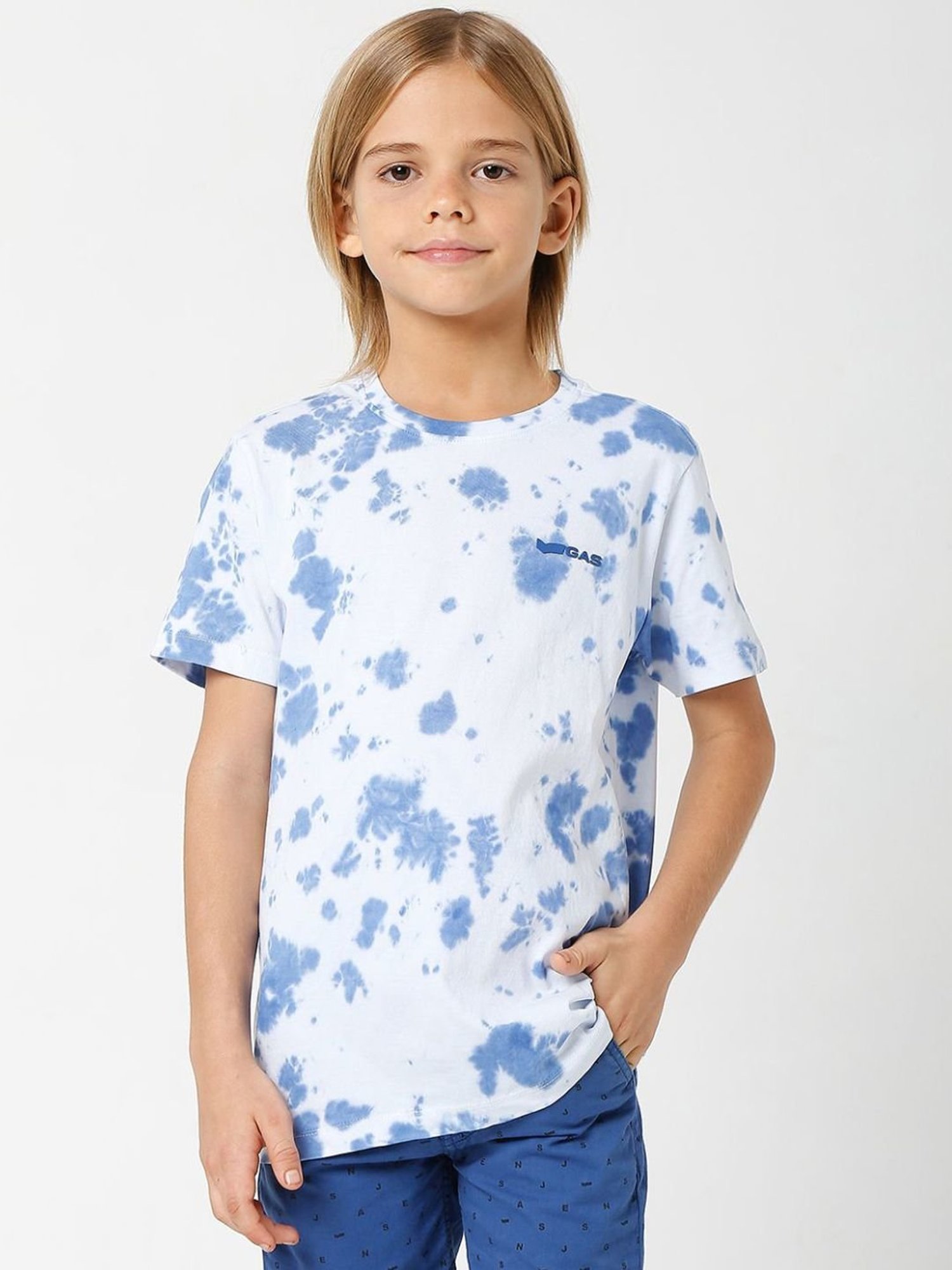 Gas Kids Blue & White Cotton Over Dyed T-Shirt