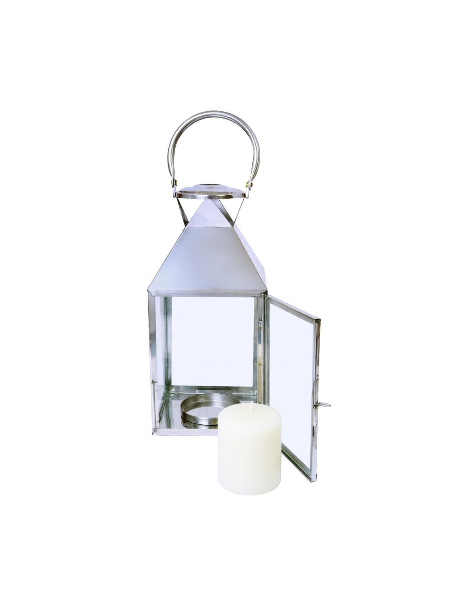 HOSLEY Silver Metal Classic Style Lantern Candle Holder with Pillar Candle (12.5inch)