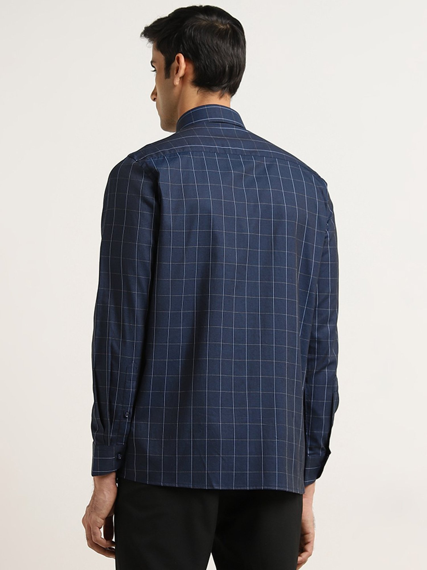 WES Formals by Westside Indigo Checks Printed Slim-Fit Cotton Shirt