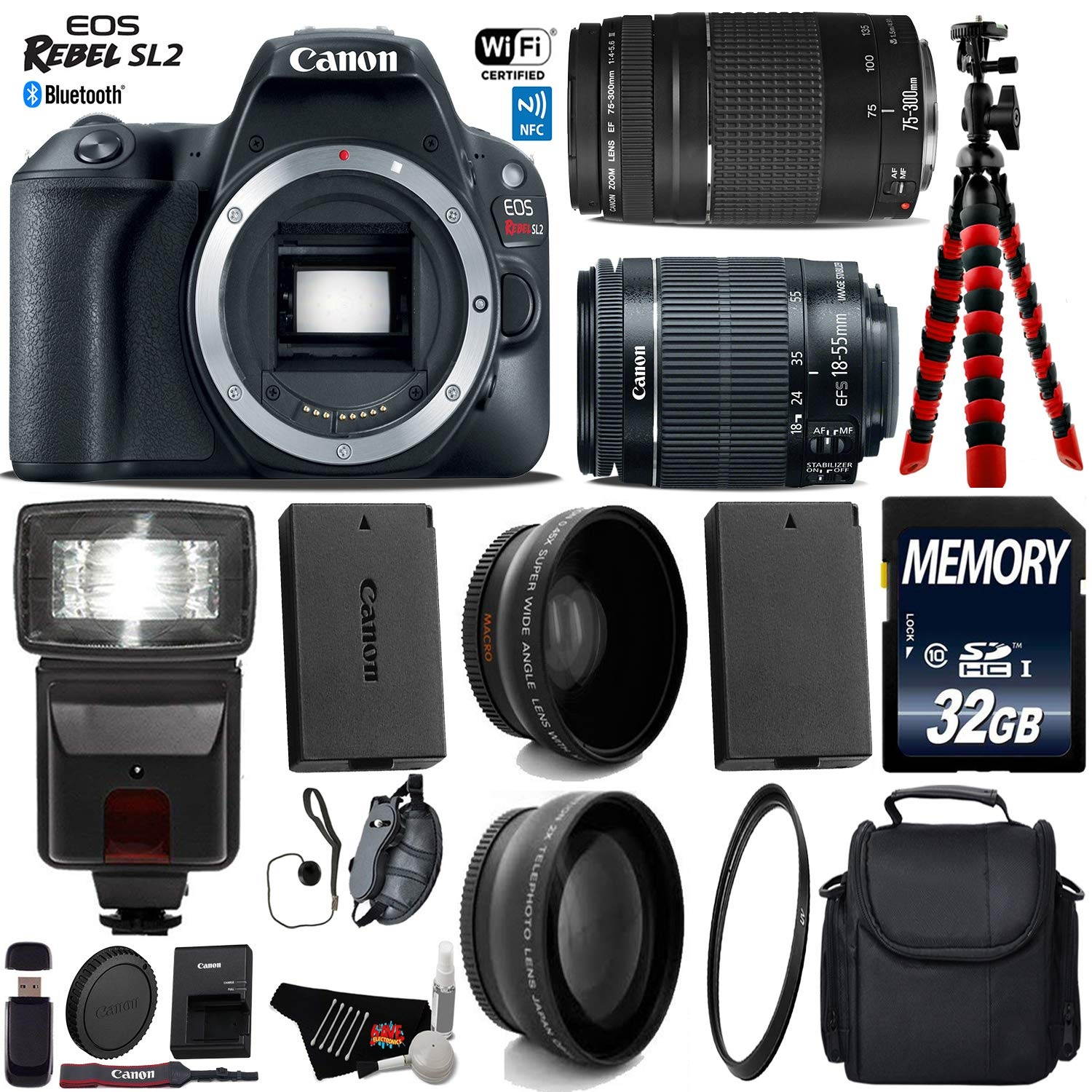 Canon EOS Rebel SL2 DSLR Camera with 18-55mm is STM Lens & 75-300mm III Lens + Camera Case + Flash + UV FLD CPL Filter Kit + Wide Angle & Telephoto Lens + Tripod + Card Reader - Intl Model