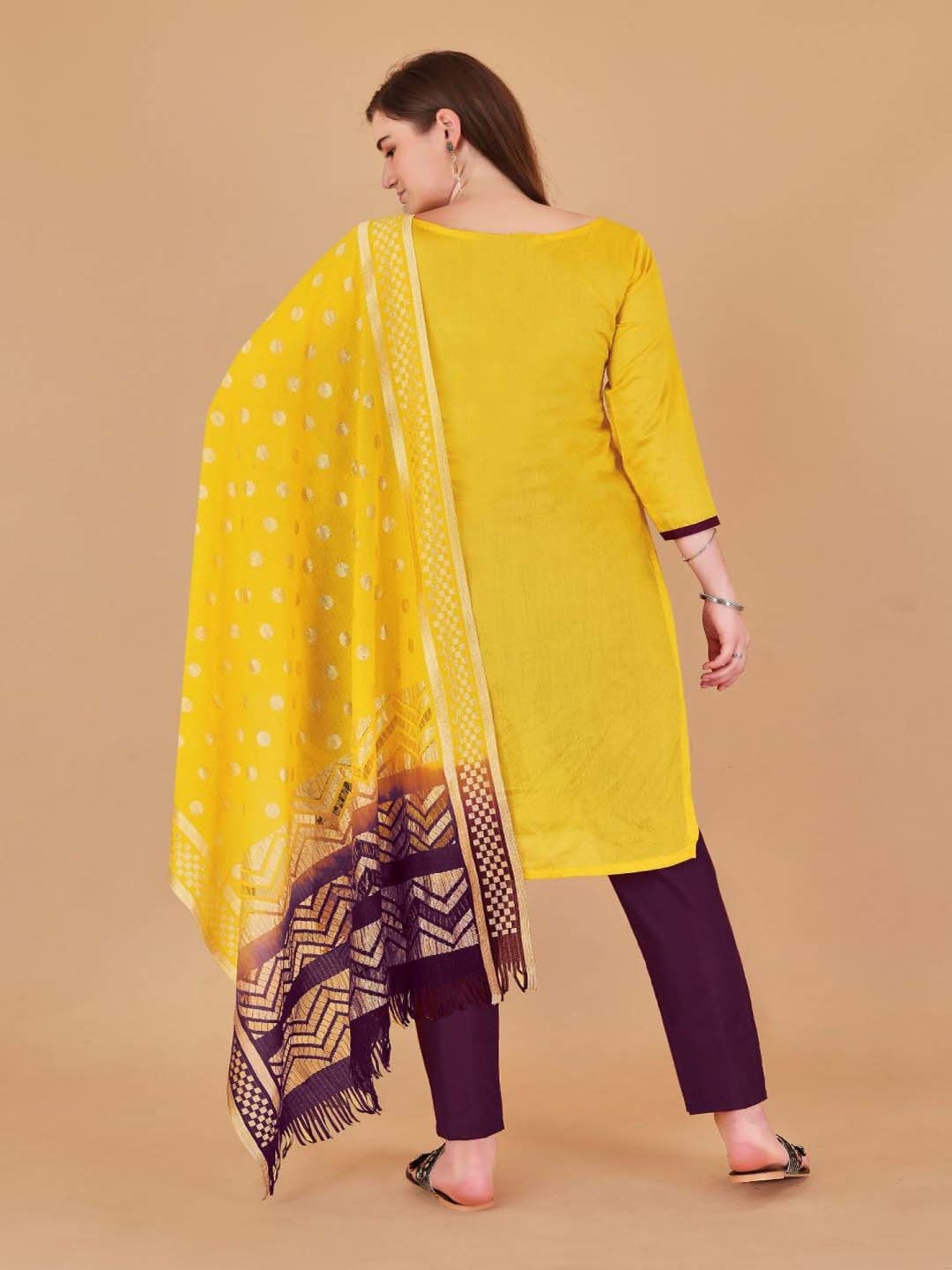 APNISHA Yellow & Purple Cotton Embellished Unstitched Dress Material