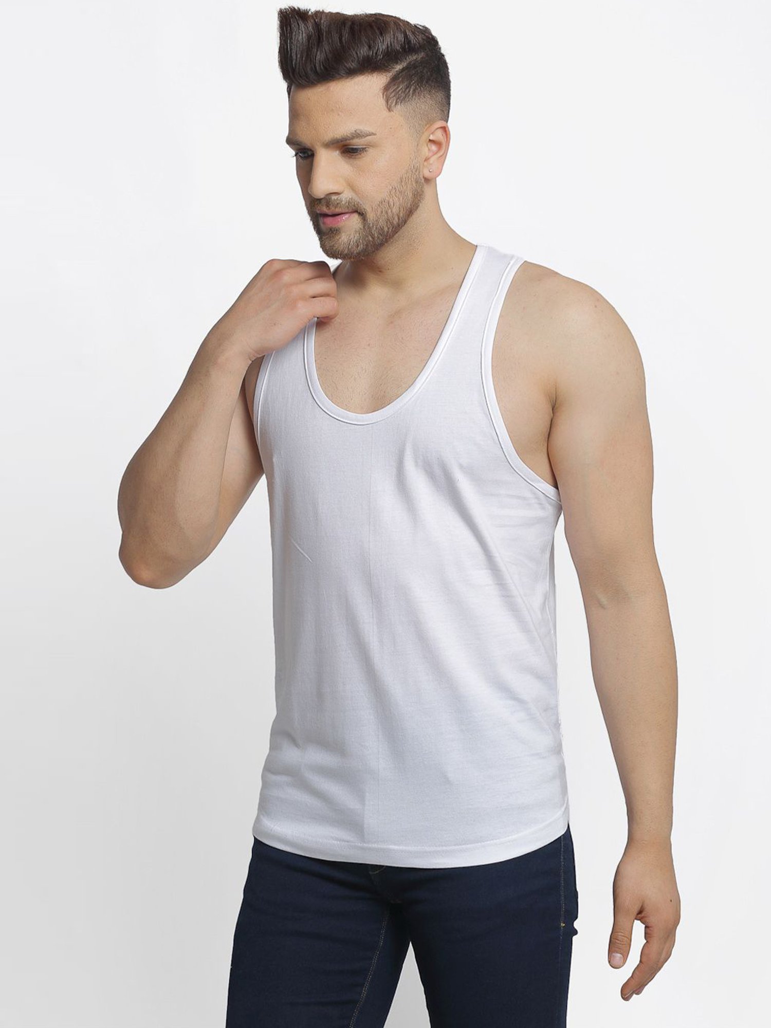 Friskers White Cotton Slim Fit Vest
