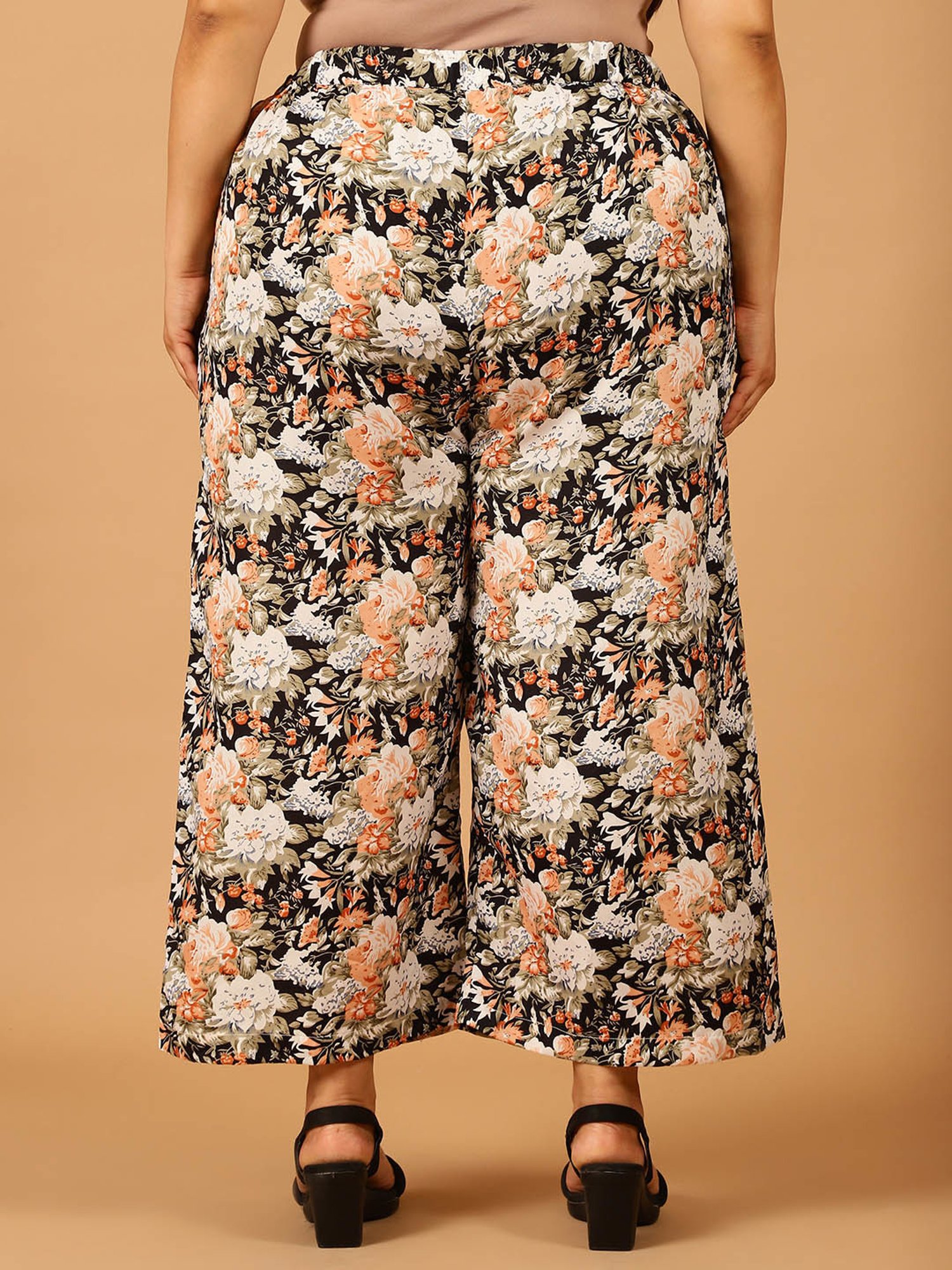 Moms Maternity Black & Orange Floral Print Regular Fit Mid Rise Plus Size Trousers