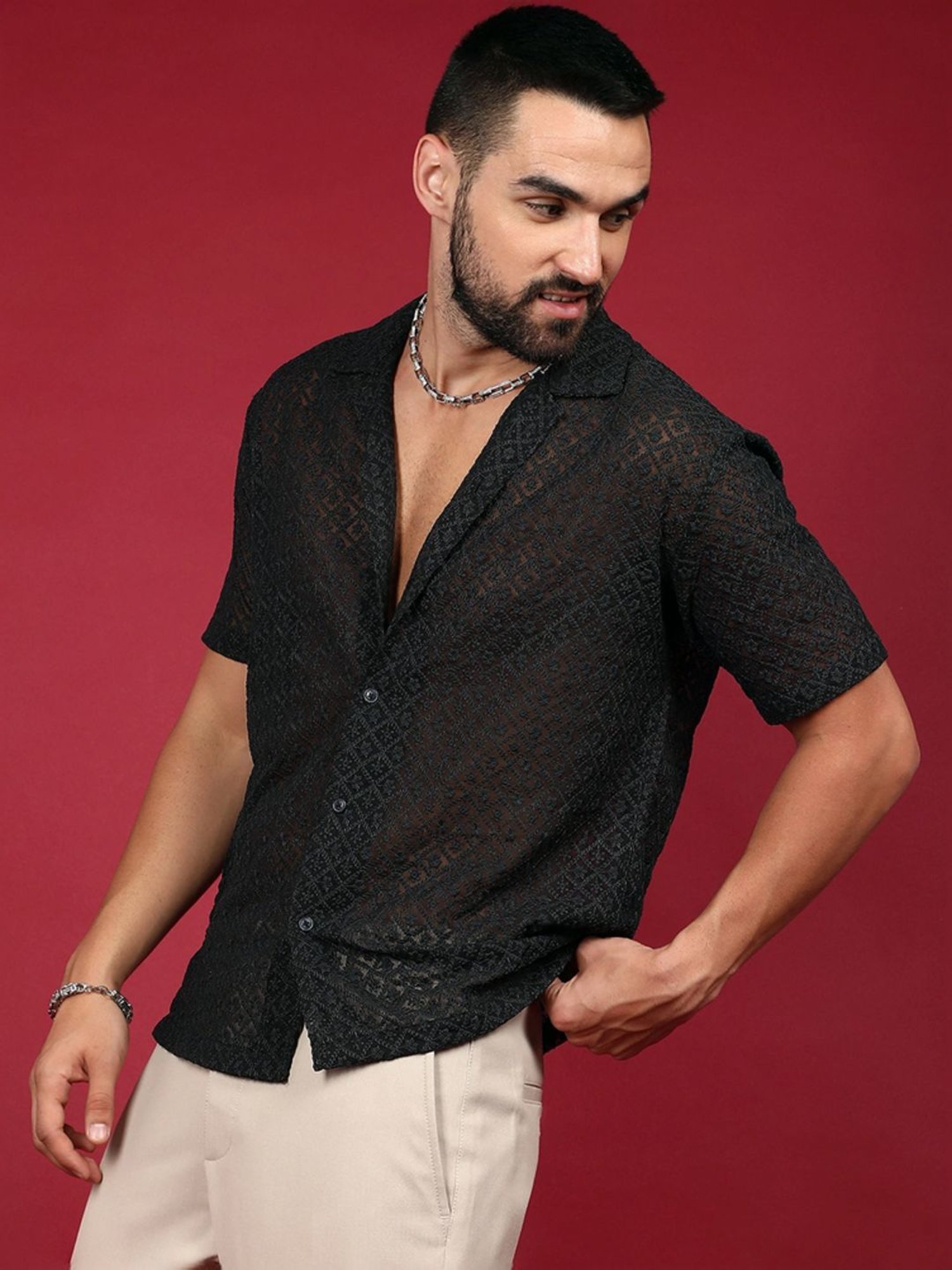 Campus Sutra Black Regular Fit Embroidered Shirt