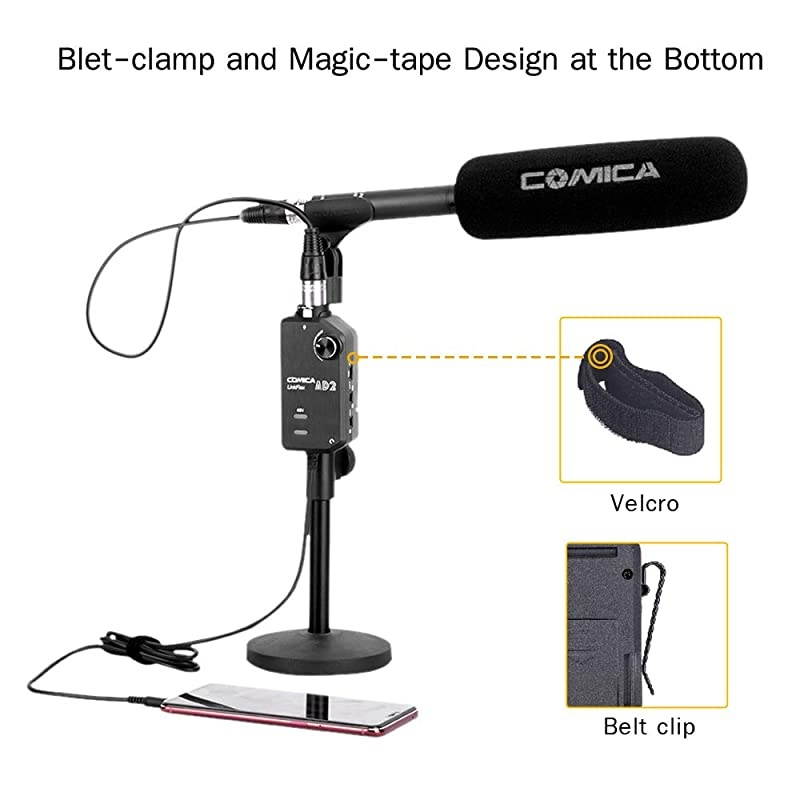 Preamp Adapter Comica LINKFlEX AD2 XLR 635MM Microphone Preamp Amplifier with 48V Phantom Power Guitar Interface Adapter for iPhoneiPadAndroid Smartphone and DSLR Cameras