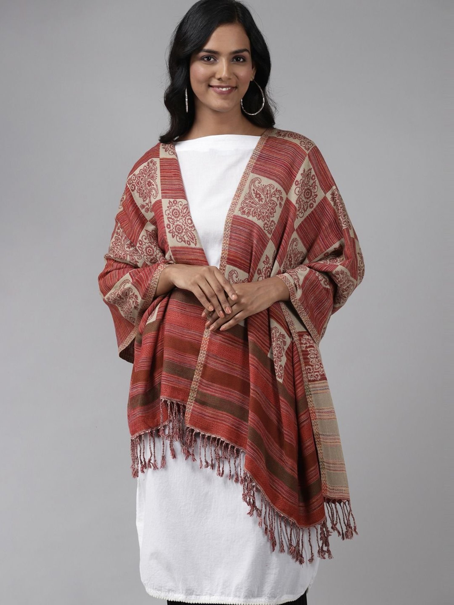 Indo Era Red & Beige Woven Pattern Shawl
