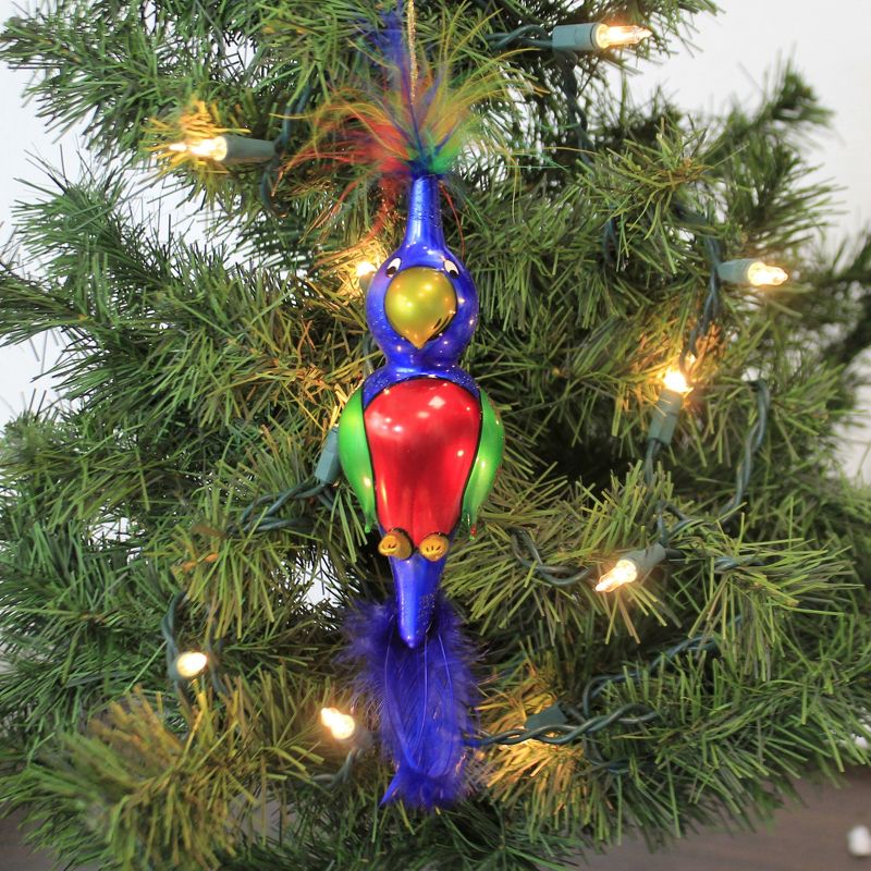 Italian Ornaments 8.0" Blue Parrot With Feather Tail Christmas Ornament Bird  -  Tree Ornaments