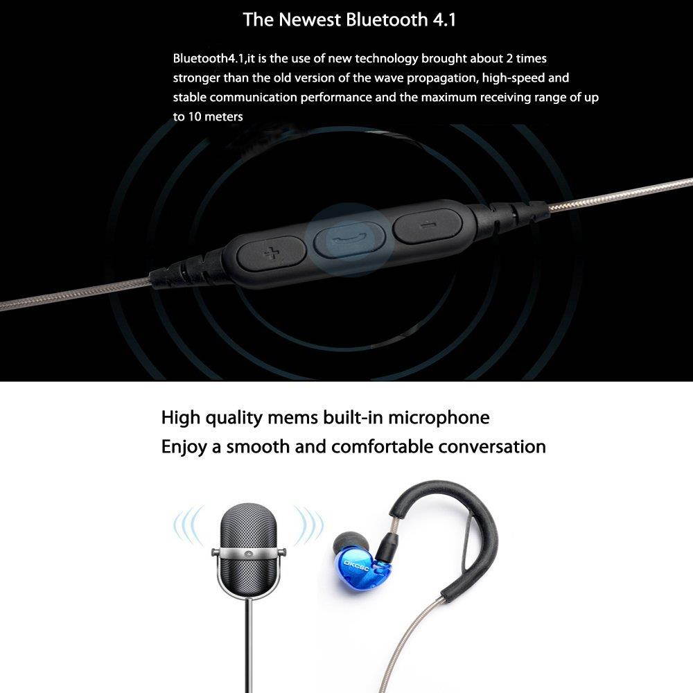 OKCSC DD4 Dynamic Hybrid Earphones Bluetooth In Ear Earbud Headphones HIFI Stereo MMCX Re-cable Built-in Microphone V4.1 (Blue)