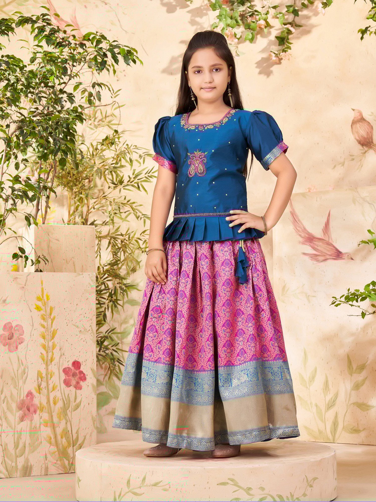 A Little Fable Kids Blue Printed Lehenga with Choli & Dupatta