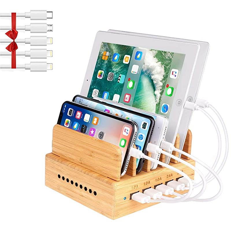 Bamboo Charging Station Wood Charging Station for Multiple Devices with 5 Ports USB Charger Docking Station for iPhone iPadTablet and Android Cell Phone