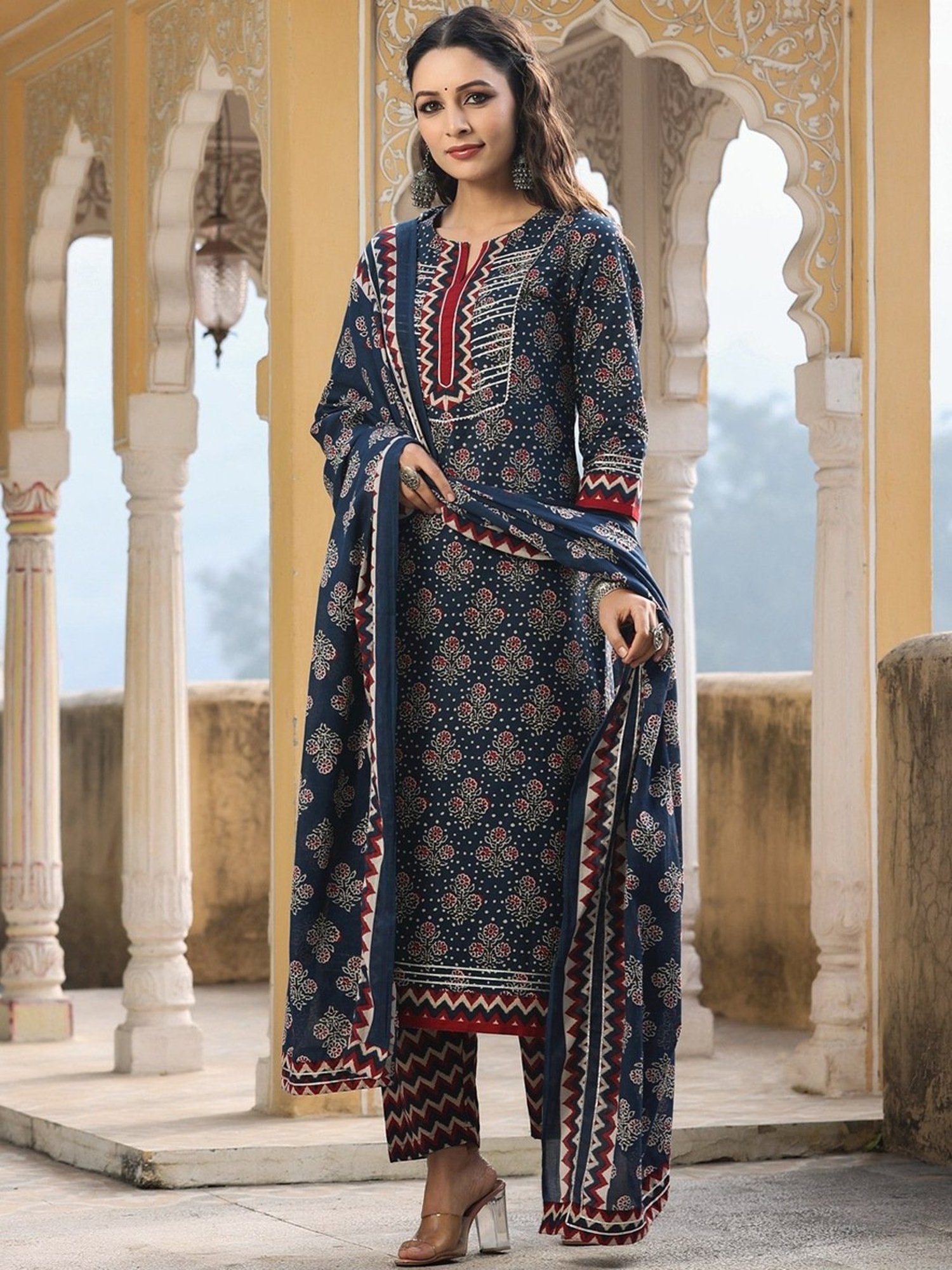 Rain and Rainbow Navy Cotton Printed Kurta Pant Set With Dupatta