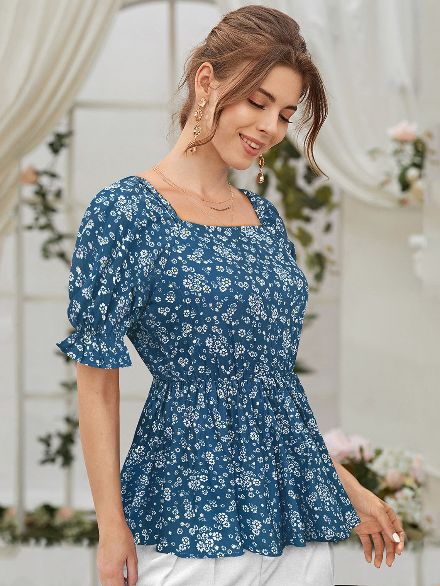 KERI PERRY Blue Cotton Floral Print Top