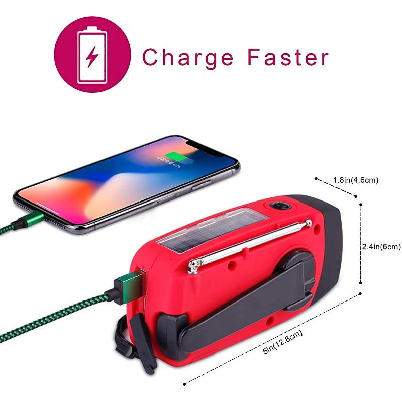 Solar Hand Crank Radio AMFM NOAA Solar Weather Radio with LED Flashlight 1000mAh Emergency Power Bank for iPhoneSmart PhoneRed