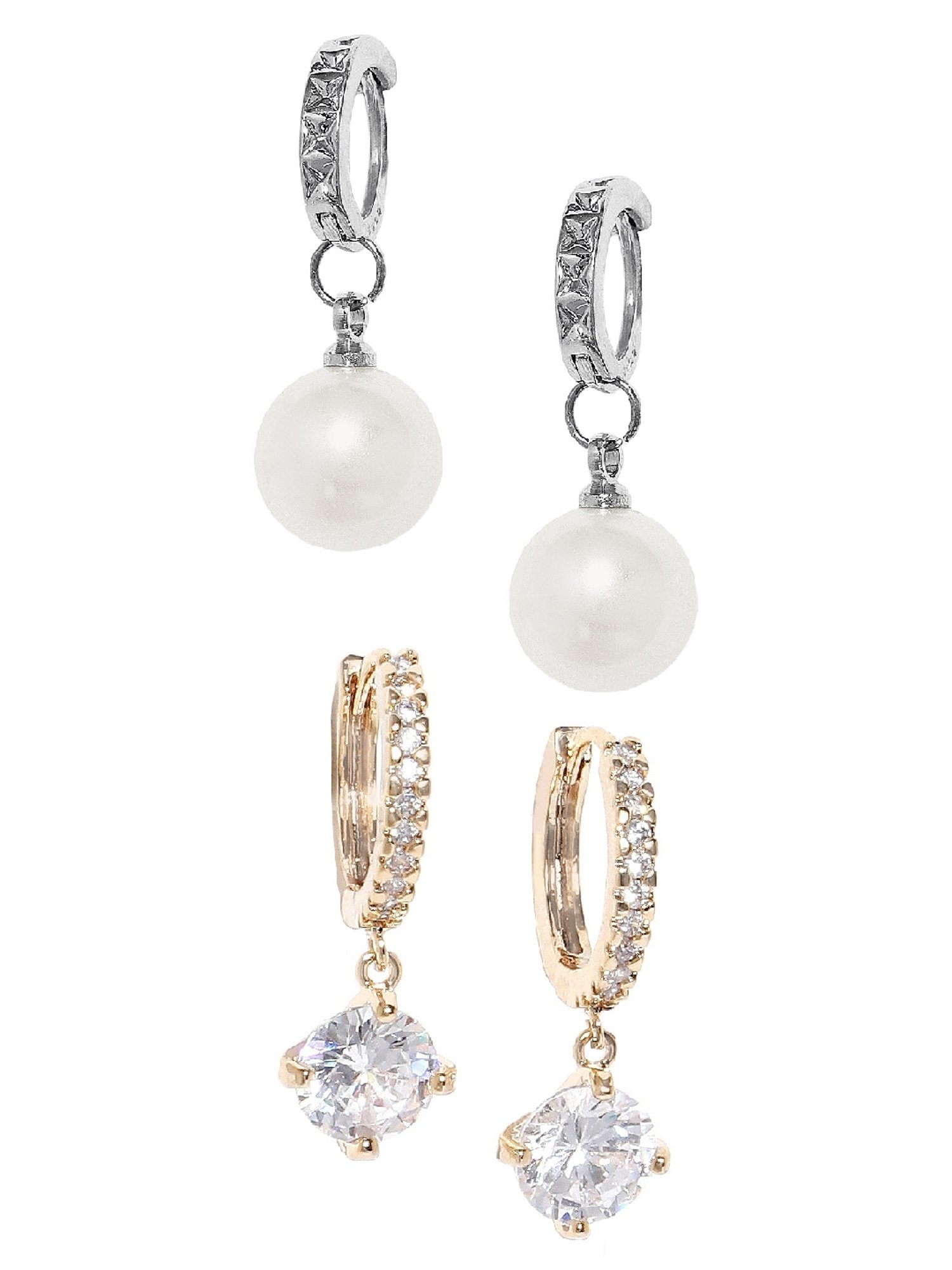 OOMPH Cubic Zirconia & Pearl Drop Earrings for Women - Set of 2