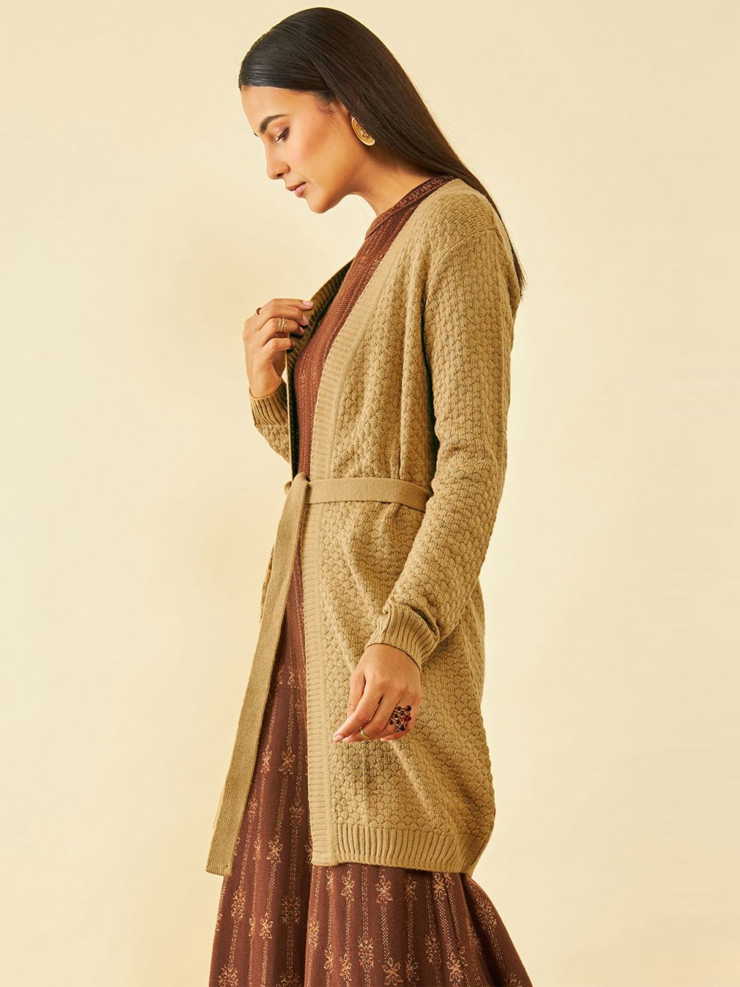 Soch Beige Acrylic Knitted Open-Front Longline Shrug with Waist Tie-Up