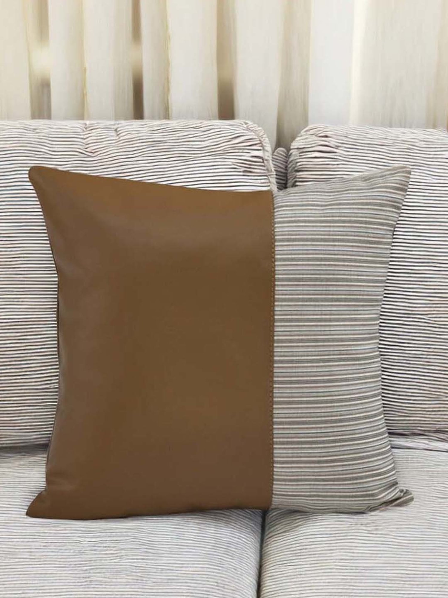 @home Beige Leather Cushion Cover With Zipper